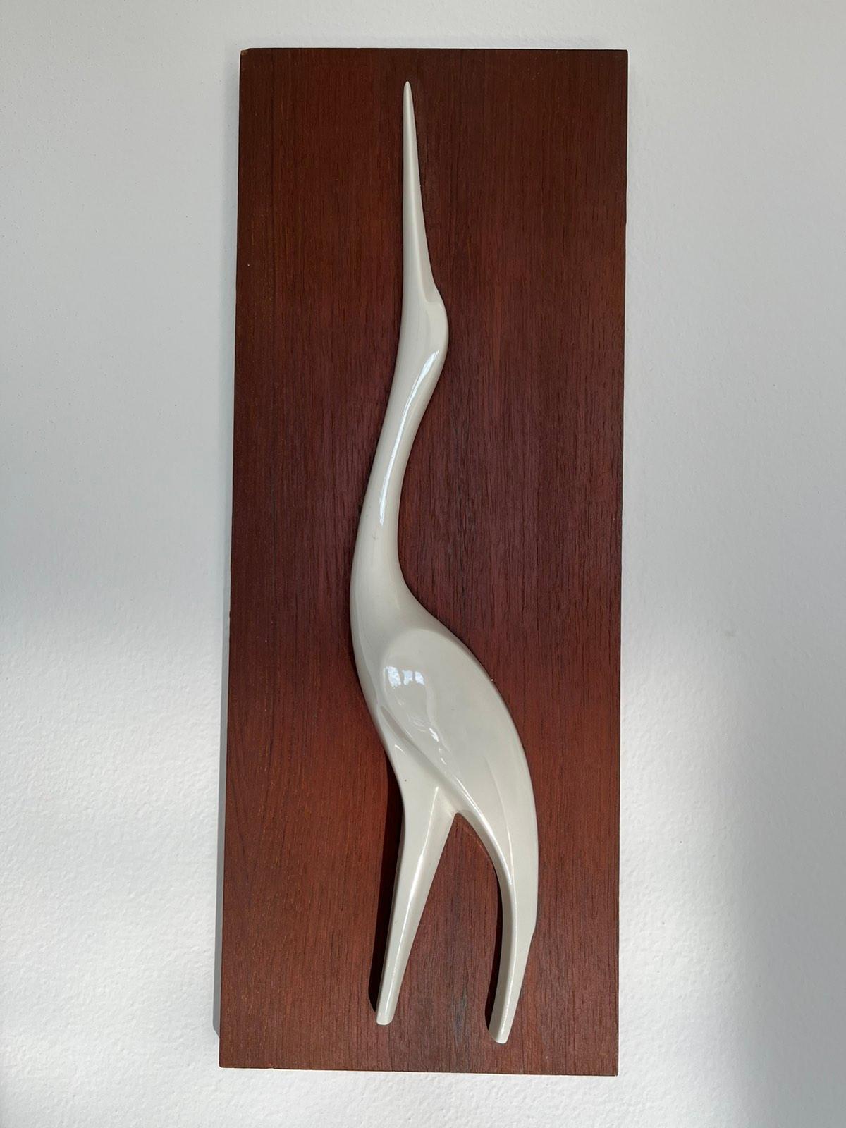 Mid-20th Century Midcentury Wall Decoration Sgrafo Modern, Heron, Bird, Teak and Porcelain, 1960s For Sale