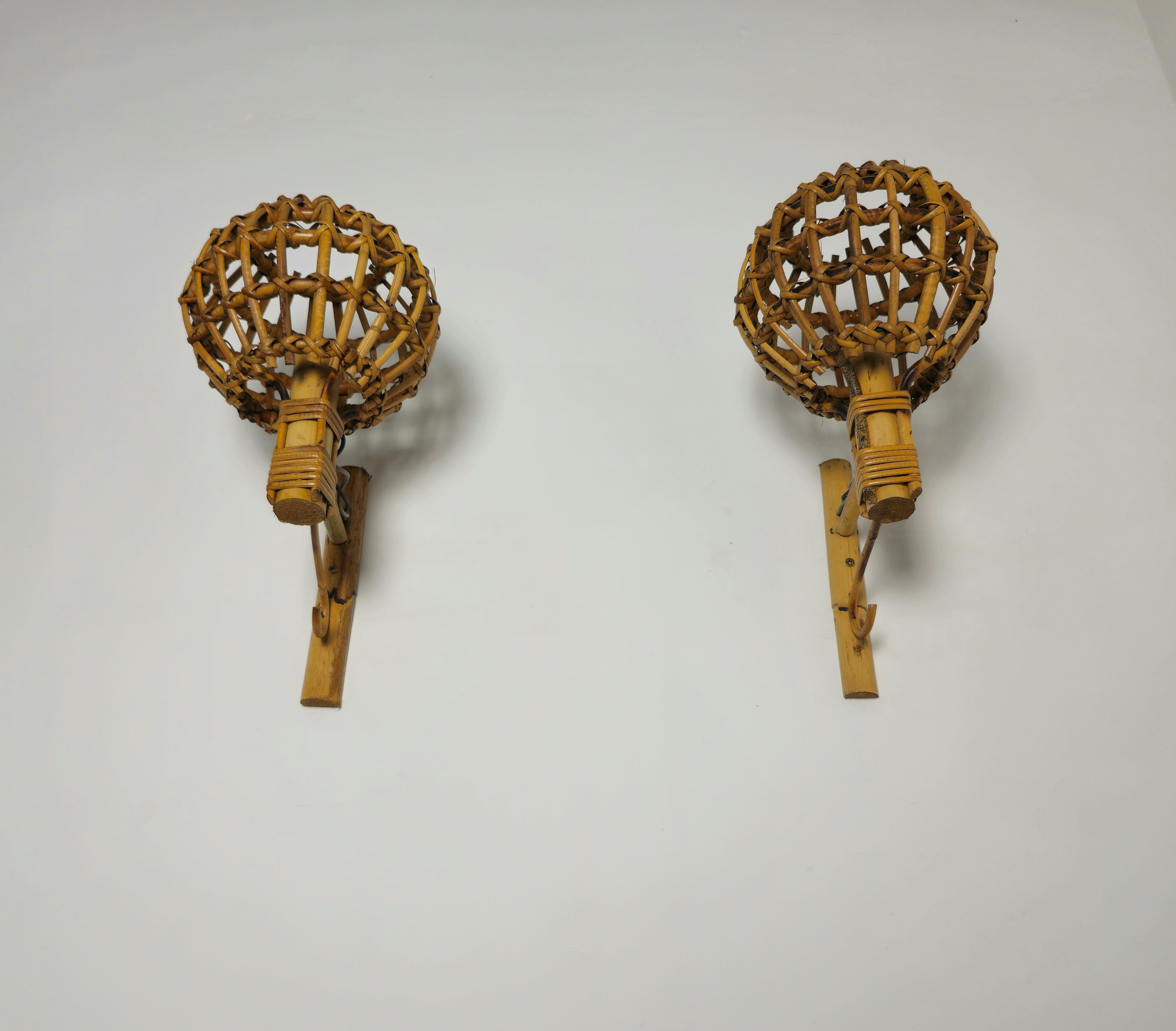 Midcentury Wall Lights Rattan Bamboo Attributed to Louis Sognot 60s Set of 2 3