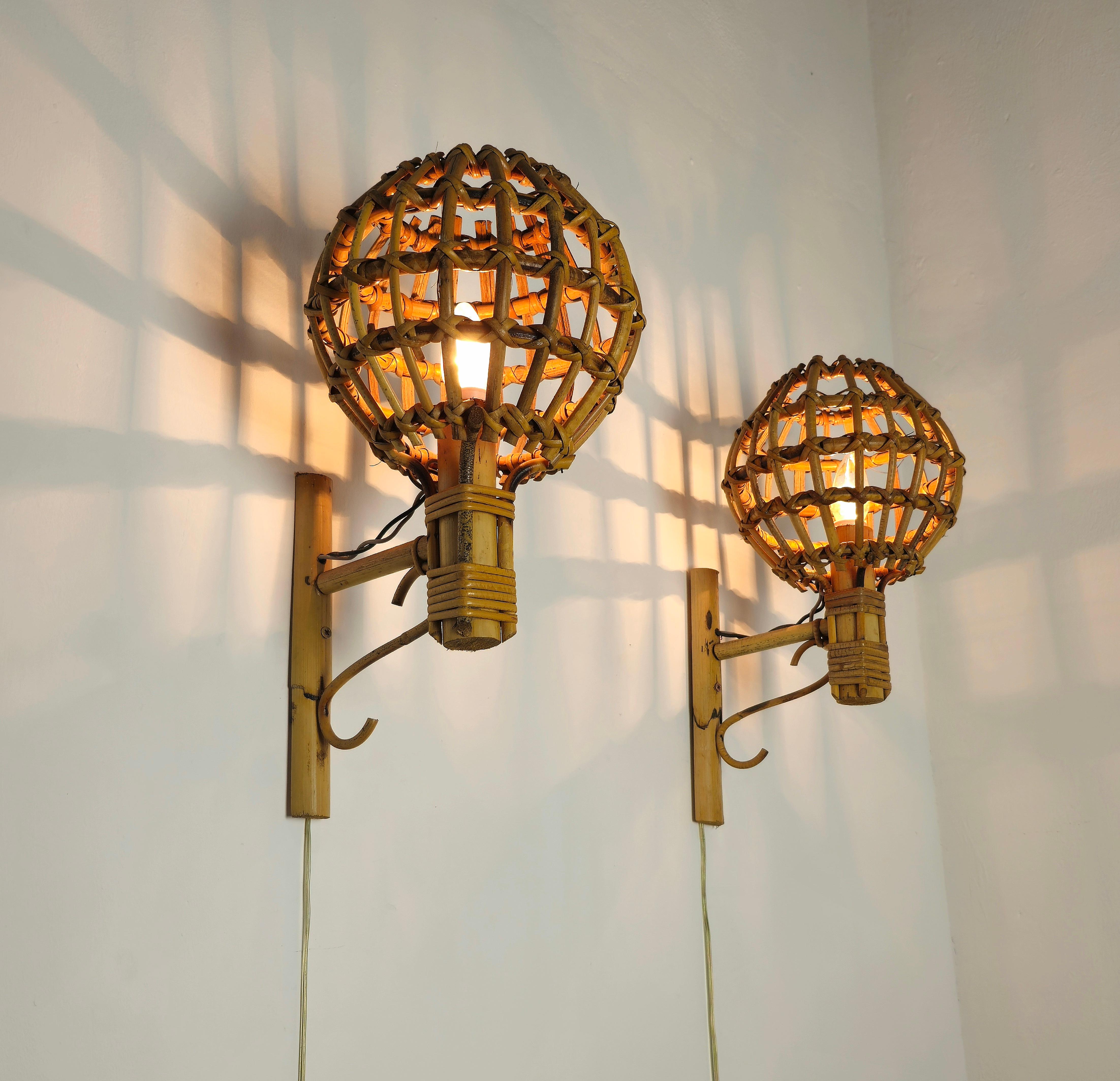 Mid-Century Modern Midcentury Wall Lights Rattan Bamboo Attributed to Louis Sognot 60s Set of 2