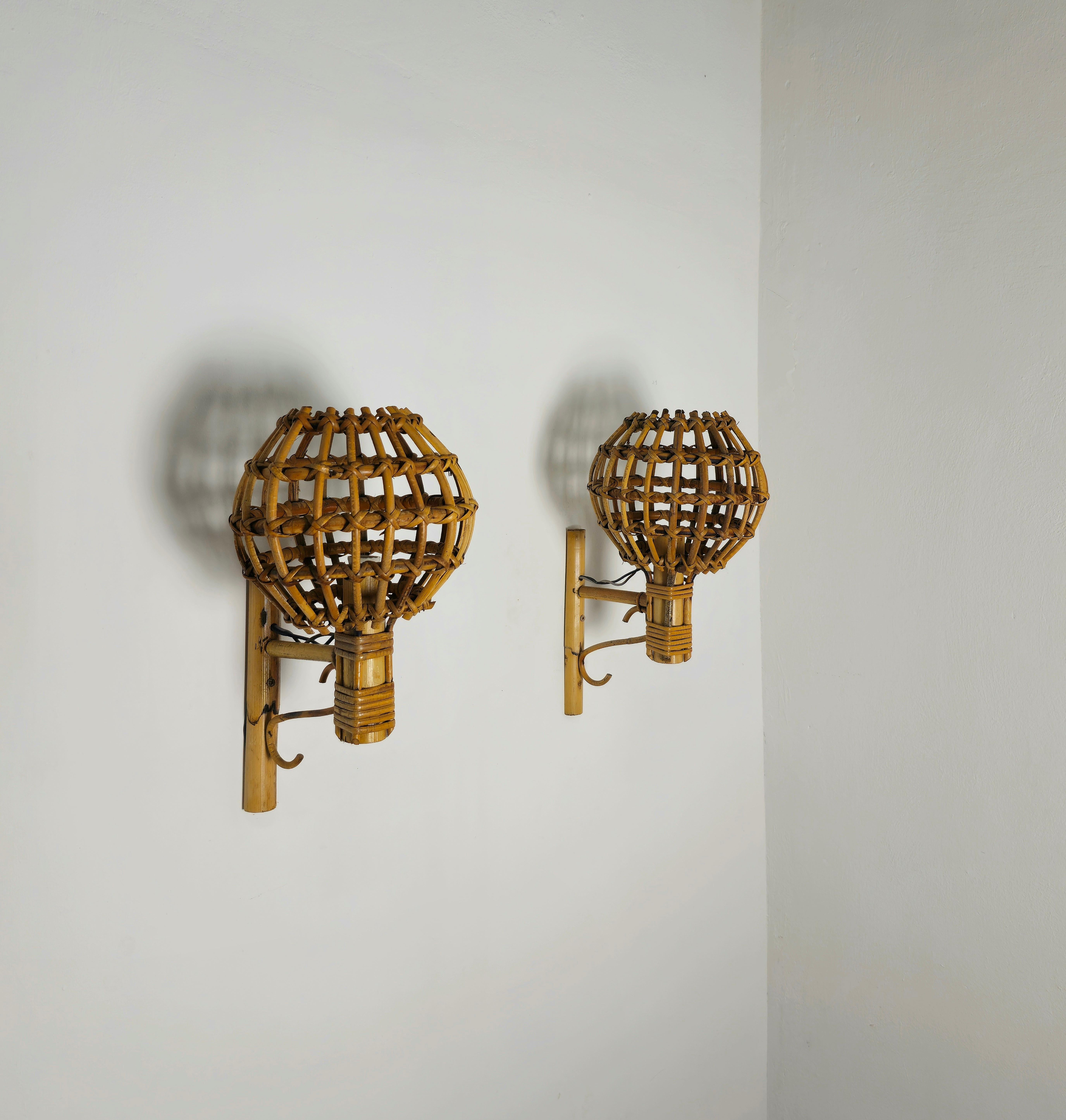 Italian Midcentury Wall Lights Rattan Bamboo Attributed to Louis Sognot 60s Set of 2 For Sale
