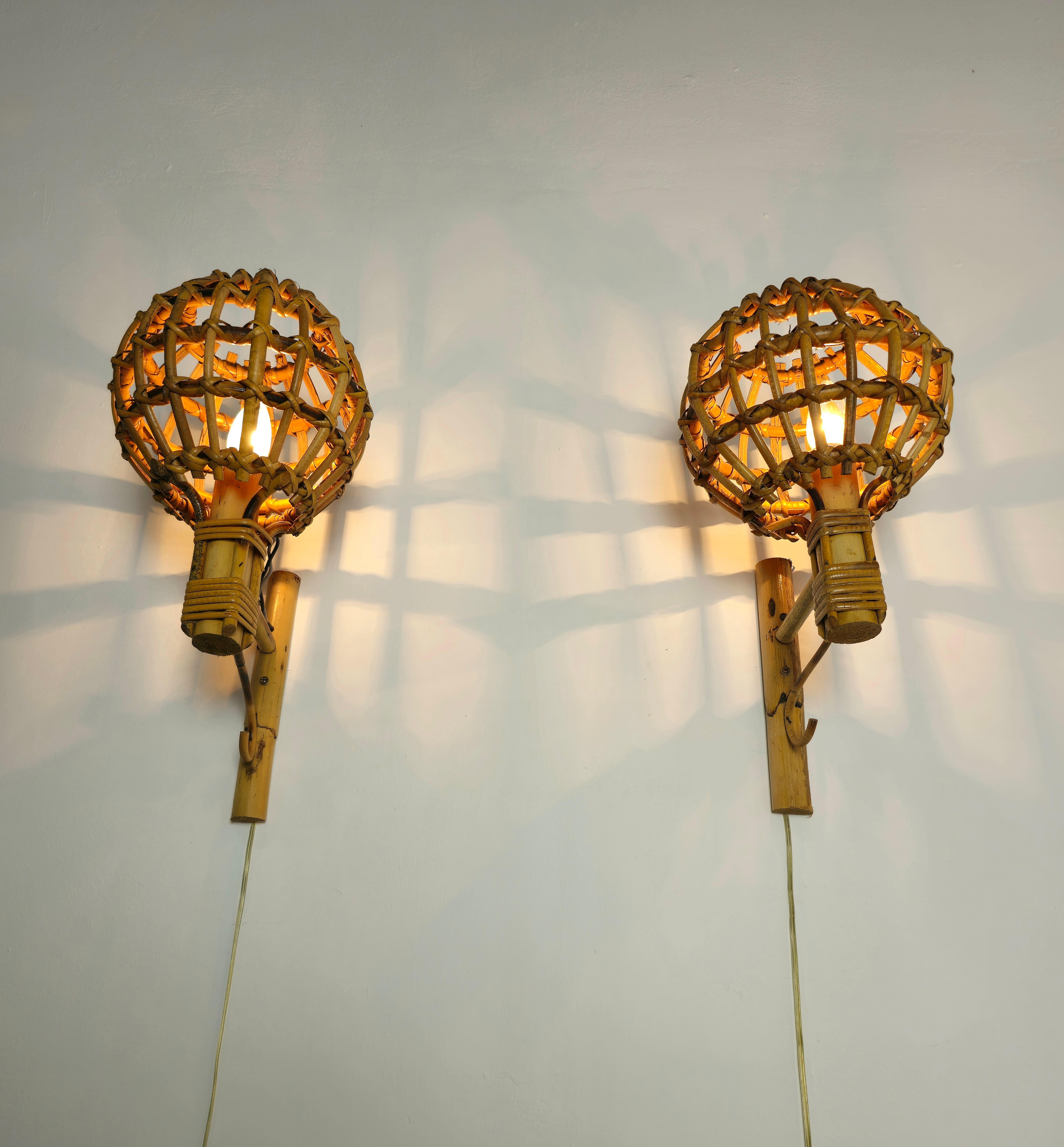 Midcentury Wall Lights Rattan Bamboo Attributed to Louis Sognot 60s Set of 2 In Good Condition In Palermo, IT