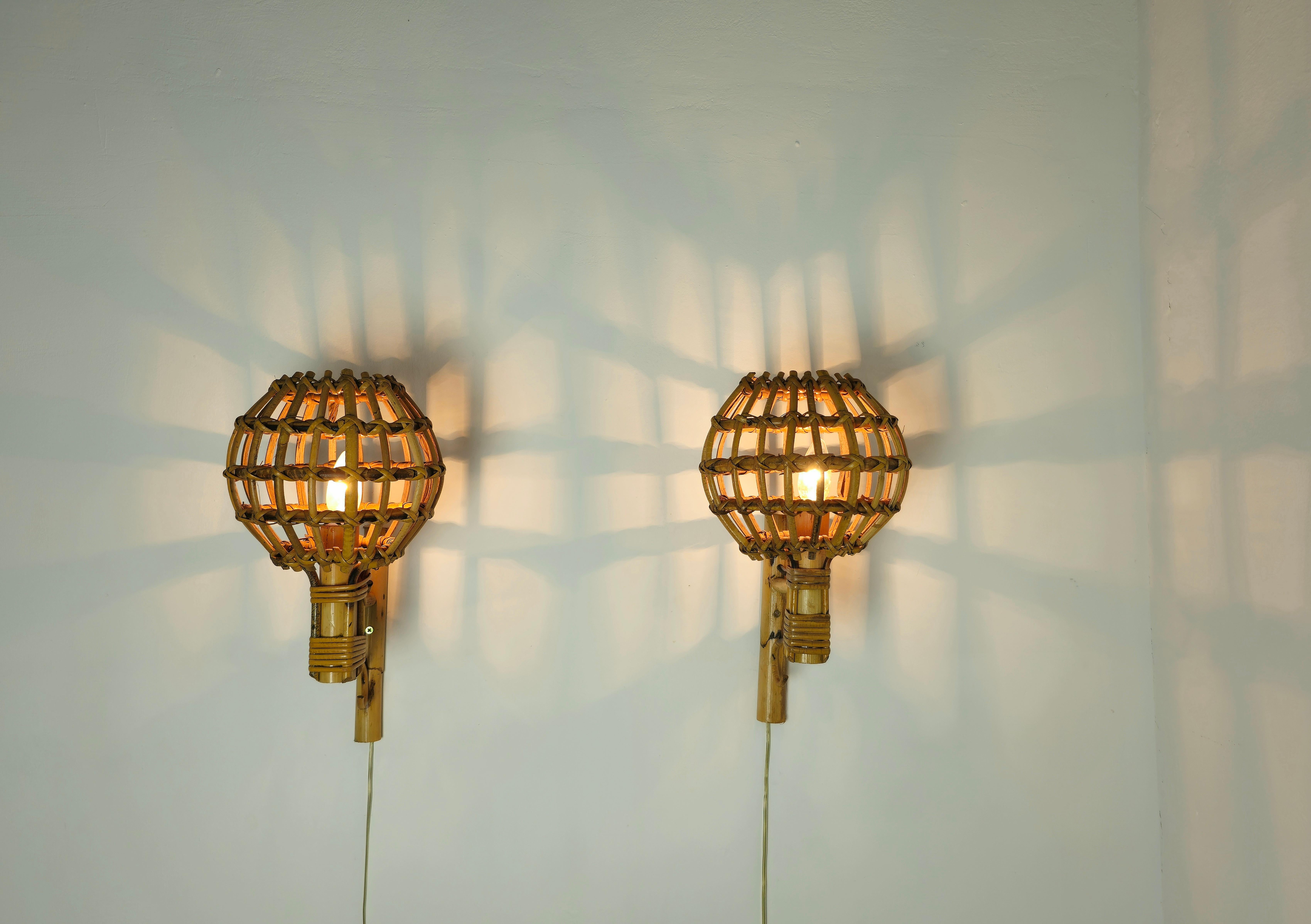 Midcentury Wall Lights Rattan Bamboo Attributed to Louis Sognot 60s Set of 2 For Sale 2