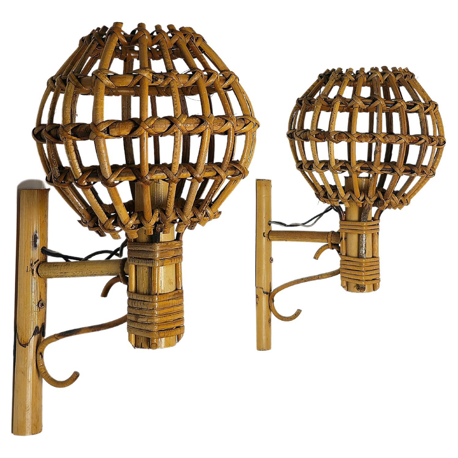 Midcentury Wall Lights Rattan Bamboo Attributed to Louis Sognot 60s Set of 2 For Sale