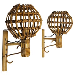 Retro Midcentury Wall Lights Rattan Bamboo Attributed to Louis Sognot 60s Set of 2