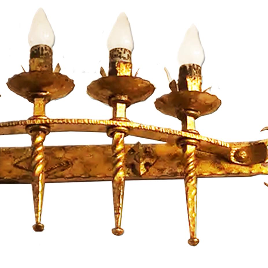 20th Century Large Torch Wall Sconce Lamp Gold Leaf Wrought Iron 5 Bulbs, Spain For Sale