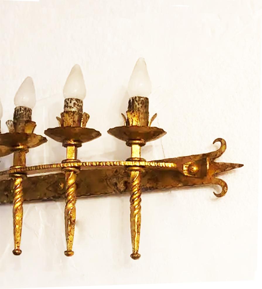 Forged Large Torch Wall Sconce Lamp Gold Leaf Wrought Iron 5 Bulbs, Spain For Sale