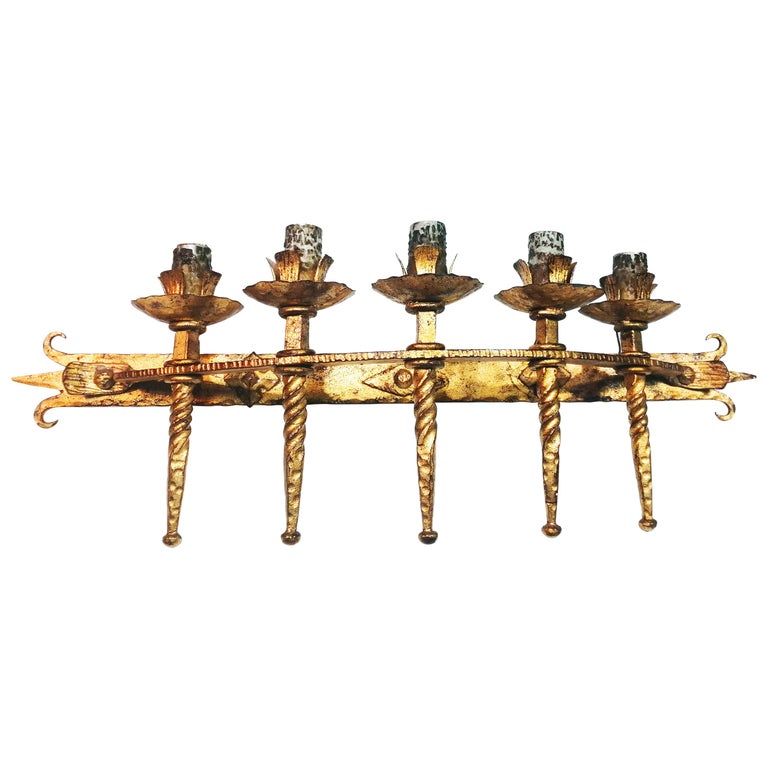 Spanish Brutalist Large Torch Wall Sconce In Gilt Wrought Iron For Sale At 1stdibs