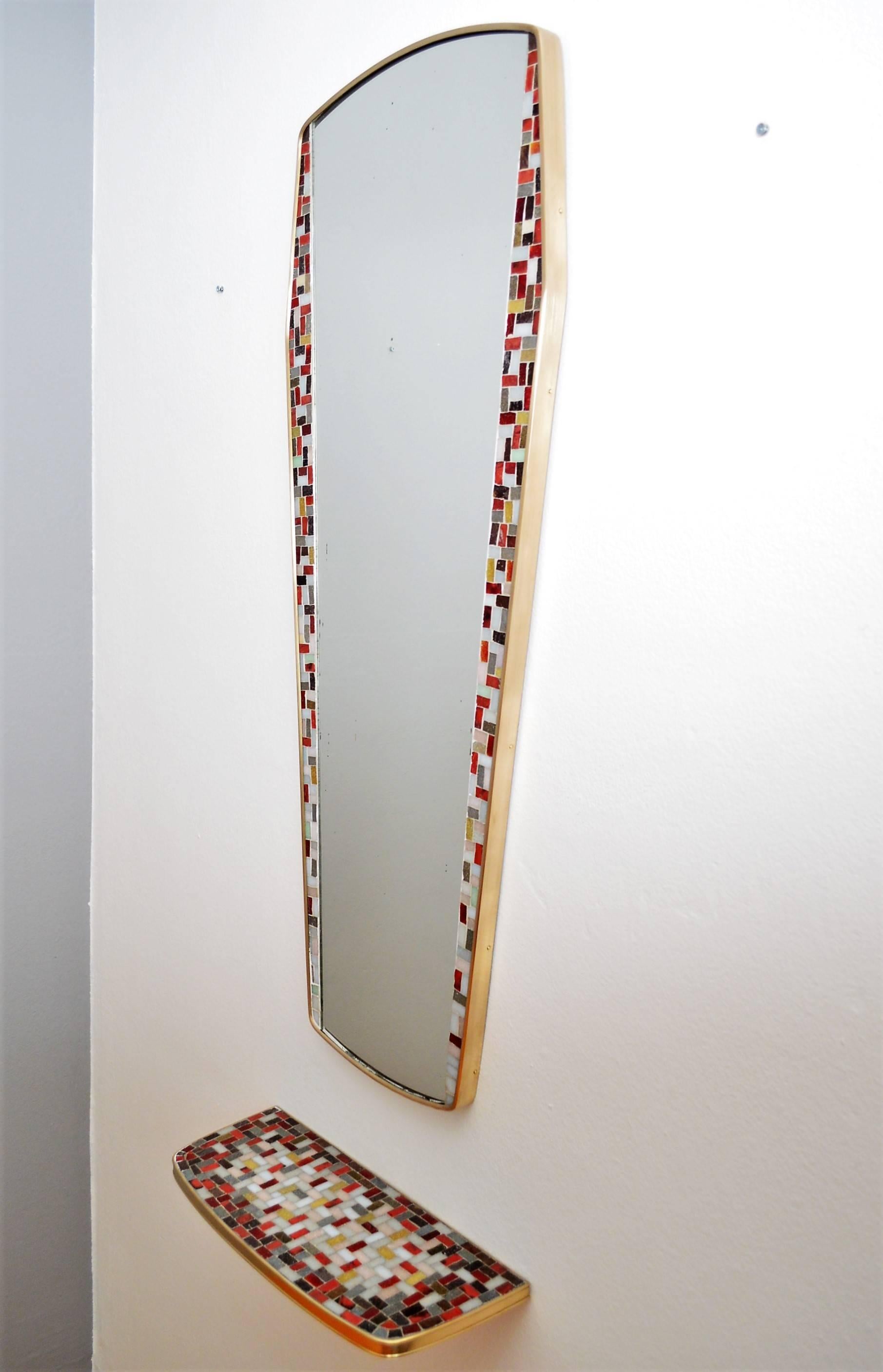 Midcentury Wall Mirror and Entrance Console Shelf with Mosaic, 1950s 2