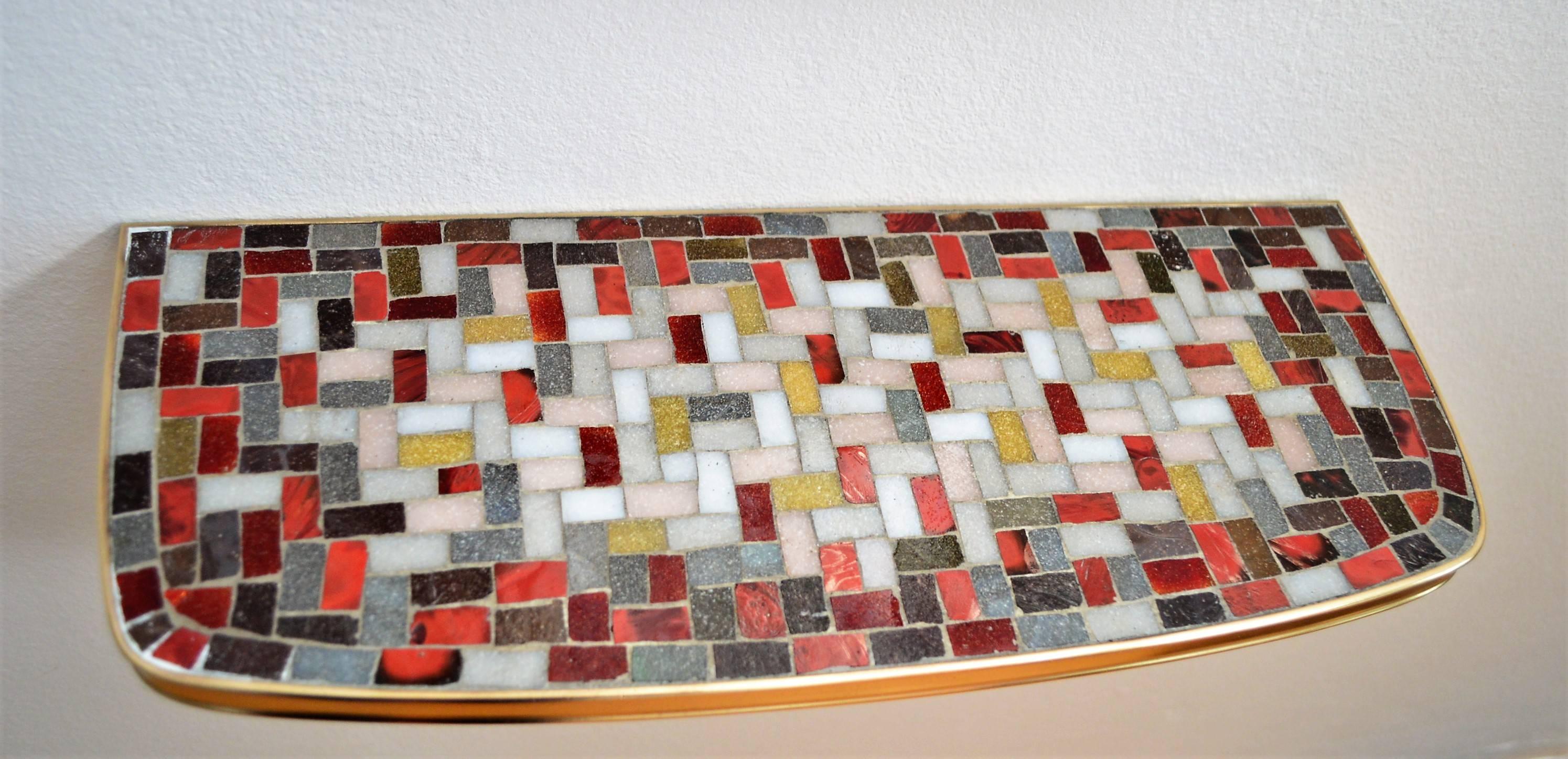 Glass Midcentury Wall Mirror and Entrance Console Shelf with Mosaic, 1950s