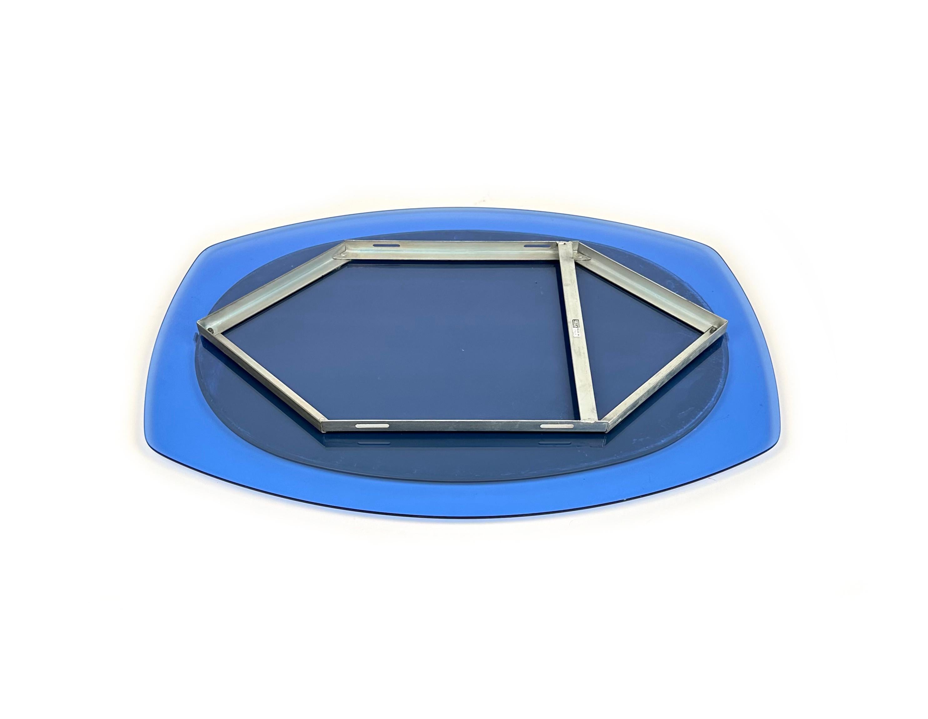 Midcentury Wall Mirror Blue Glass by Veca, Italy, 1970s 3