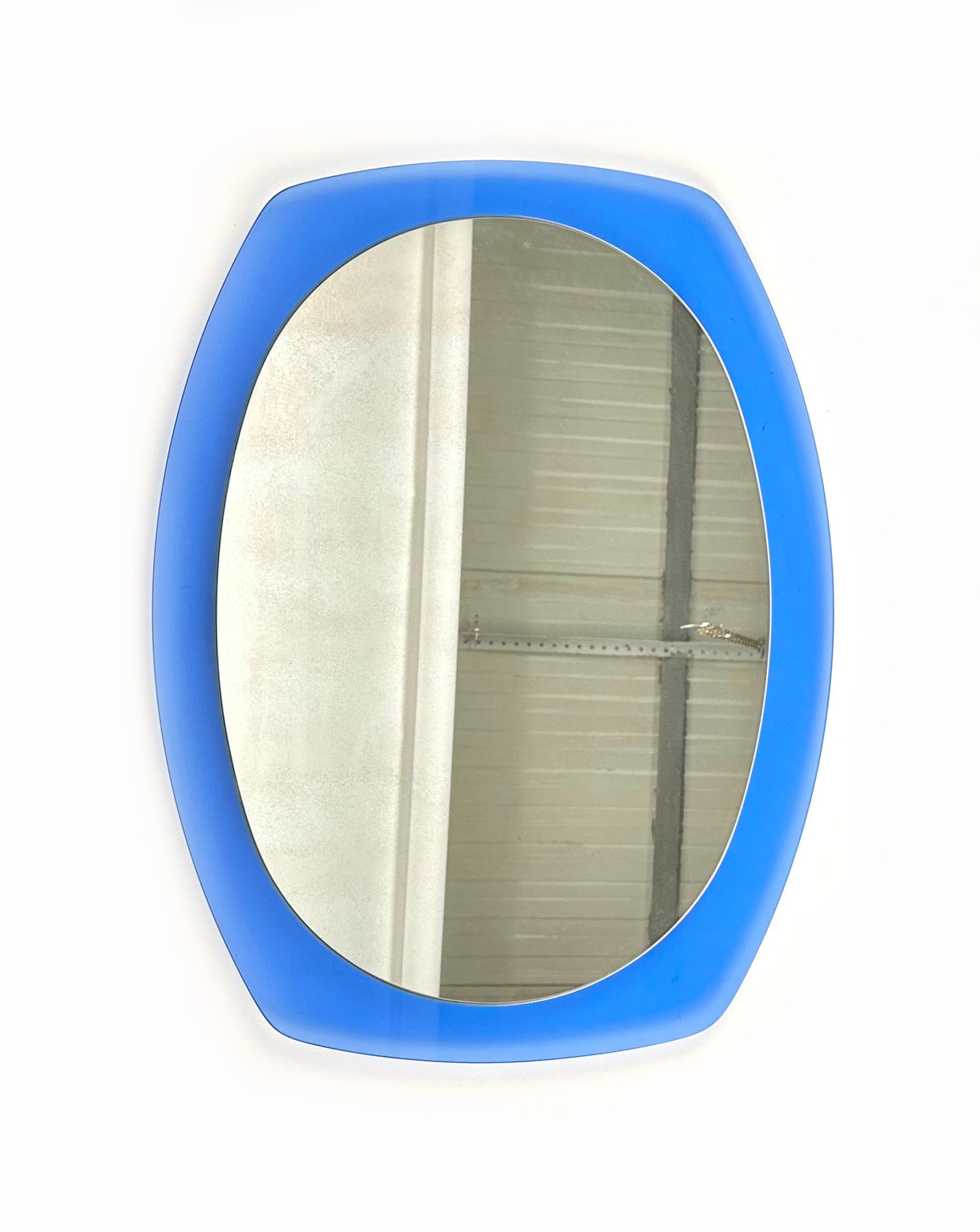 Mid-Century Modern Midcentury Wall Mirror Blue Glass by Veca, Italy, 1970s For Sale