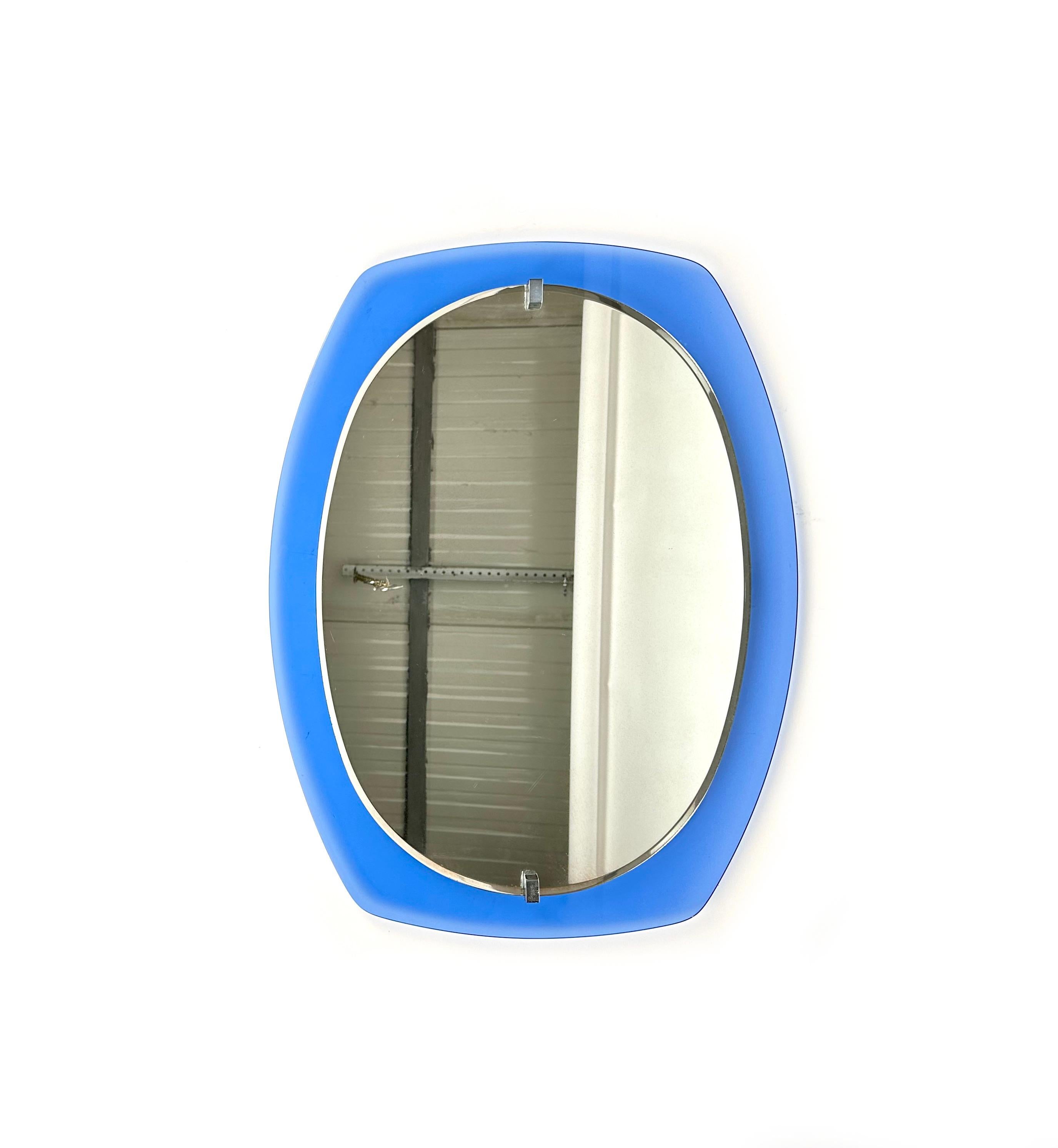 Italian Midcentury Wall Mirror Blue Glass by Veca, Italy, 1970s