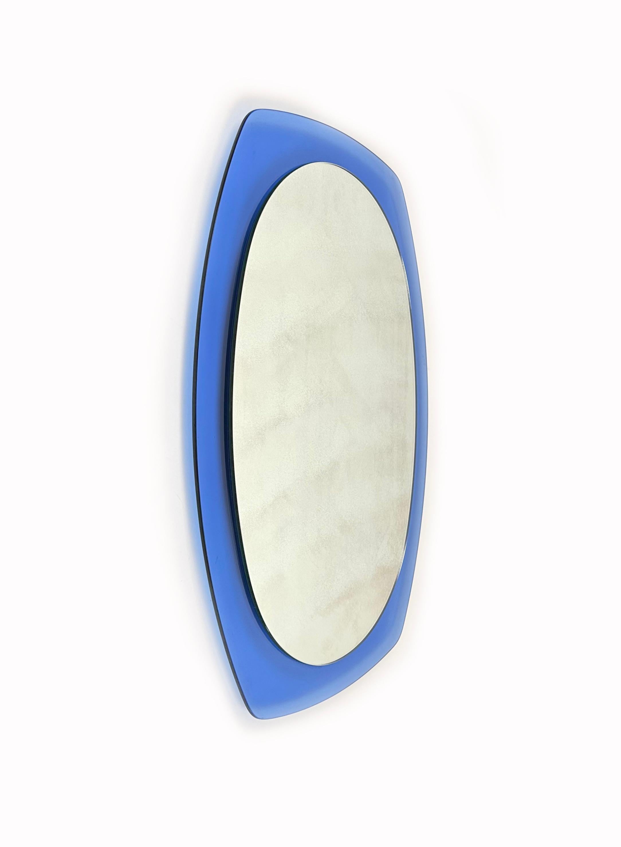 Italian Midcentury Wall Mirror Blue Glass by Veca, Italy, 1970s For Sale