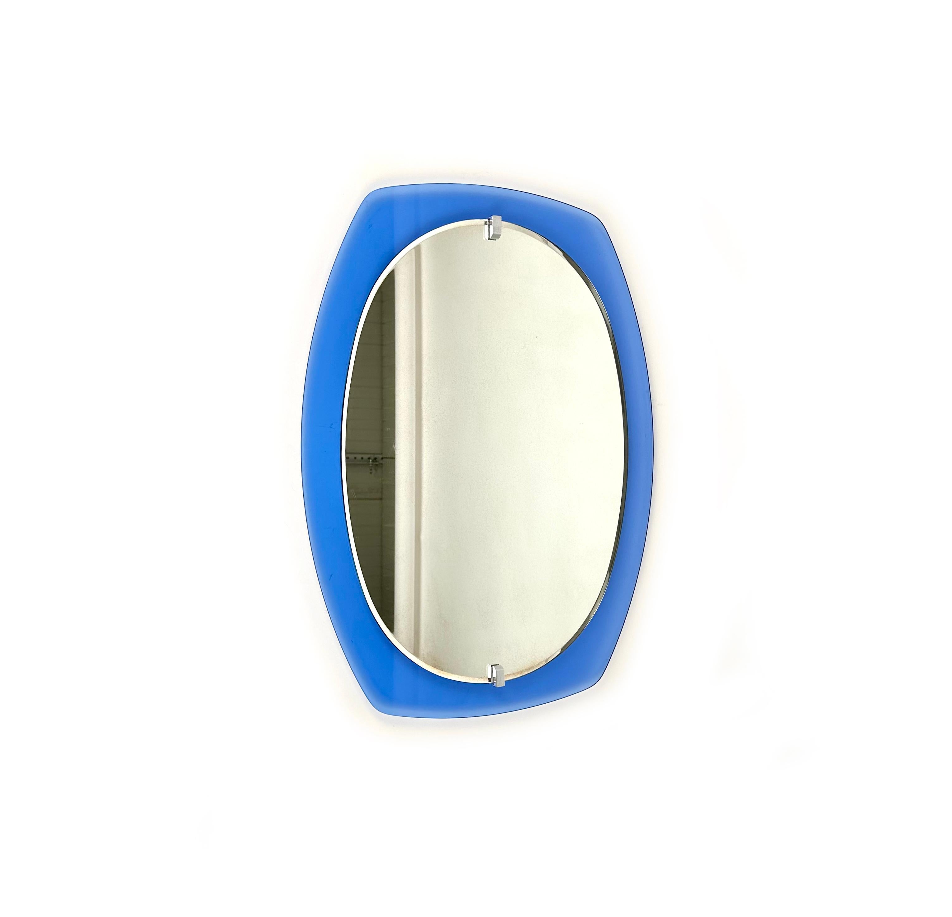 Midcentury Wall Mirror Blue Glass by Veca, Italy, 1970s In Good Condition In Rome, IT
