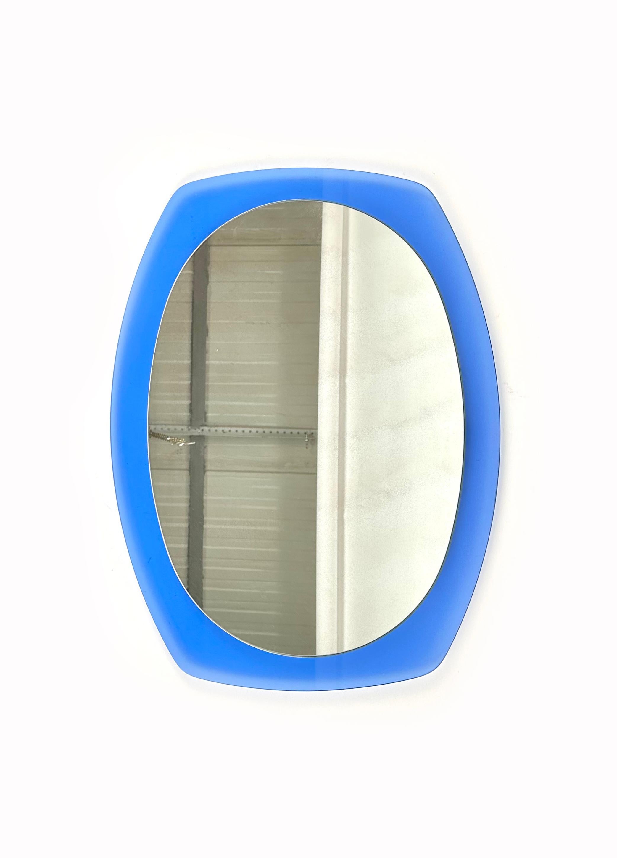 Midcentury Wall Mirror Blue Glass by Veca, Italy, 1970s In Good Condition For Sale In Rome, IT