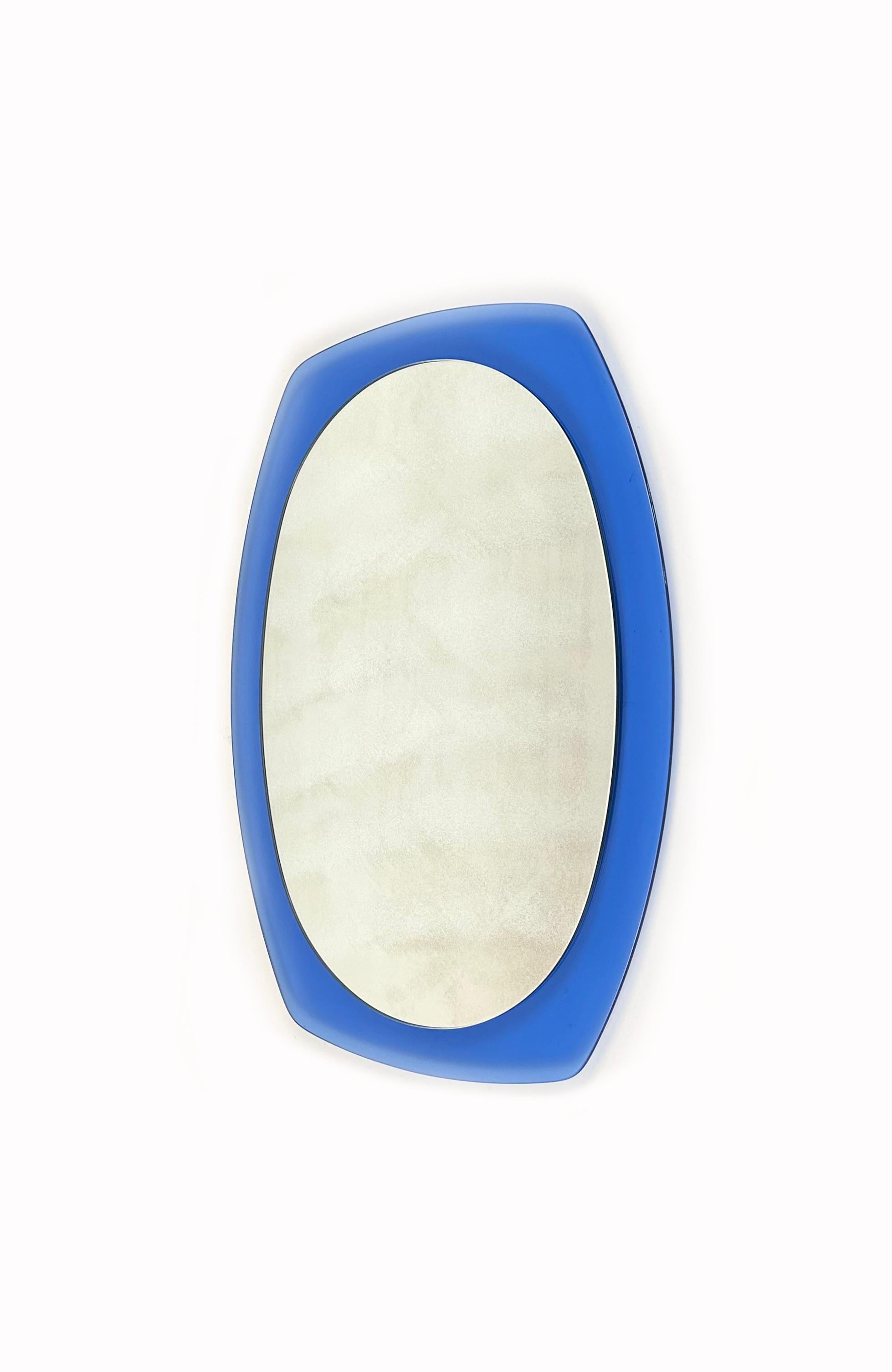 Late 20th Century Midcentury Wall Mirror Blue Glass by Veca, Italy, 1970s For Sale