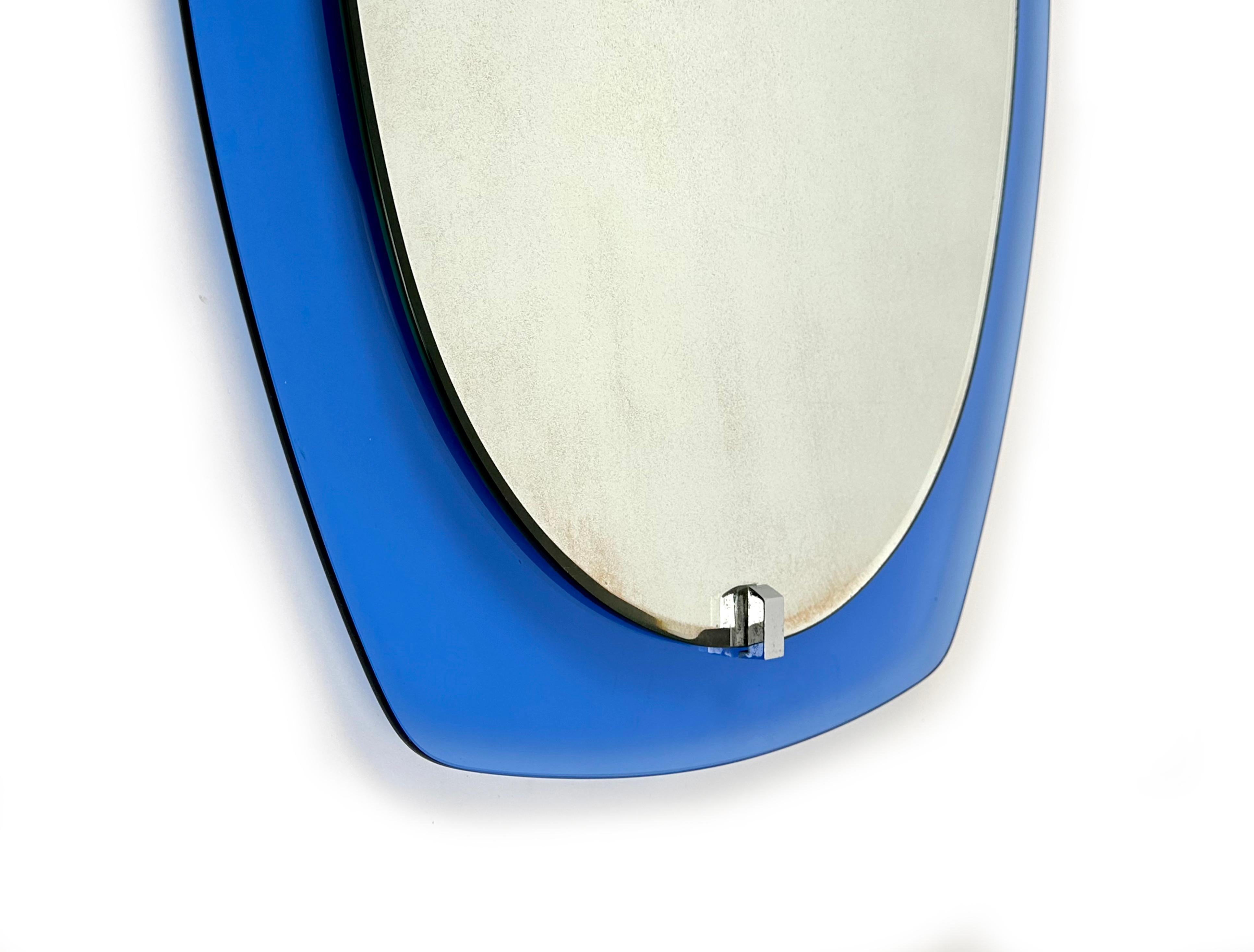 Metal Midcentury Wall Mirror Blue Glass by Veca, Italy, 1970s