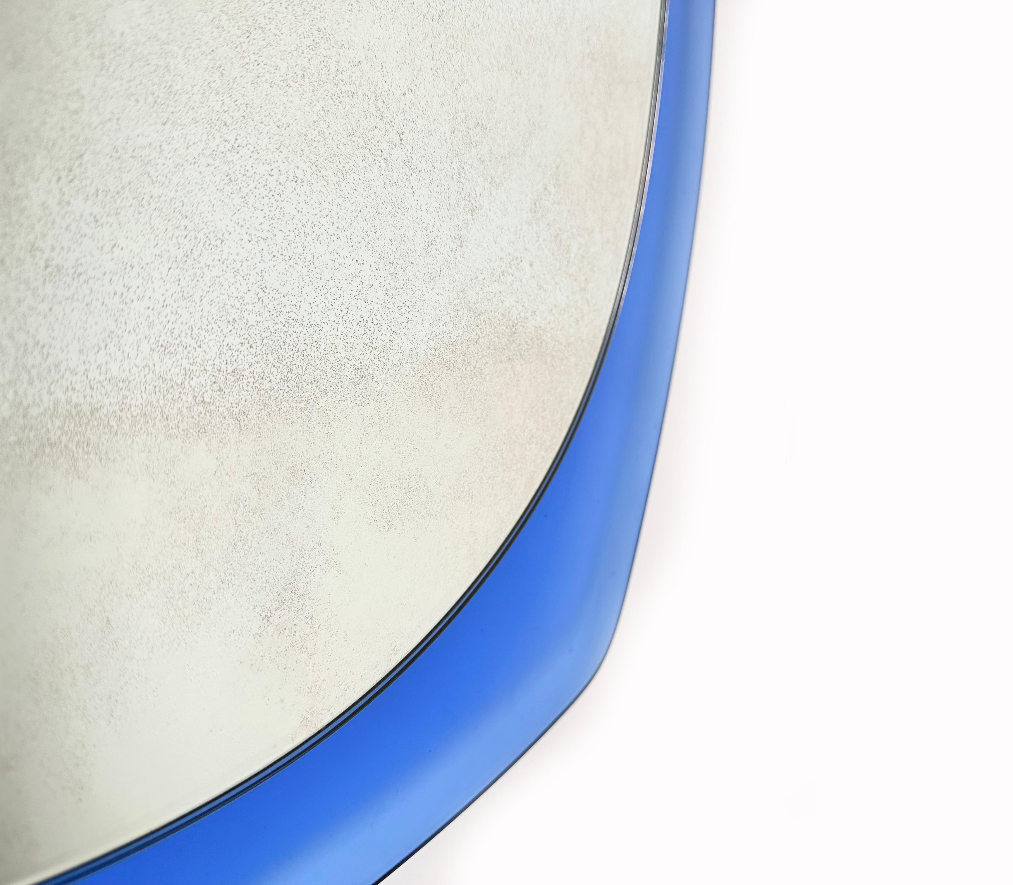 Metal Midcentury Wall Mirror Blue Glass by Veca, Italy, 1970s For Sale