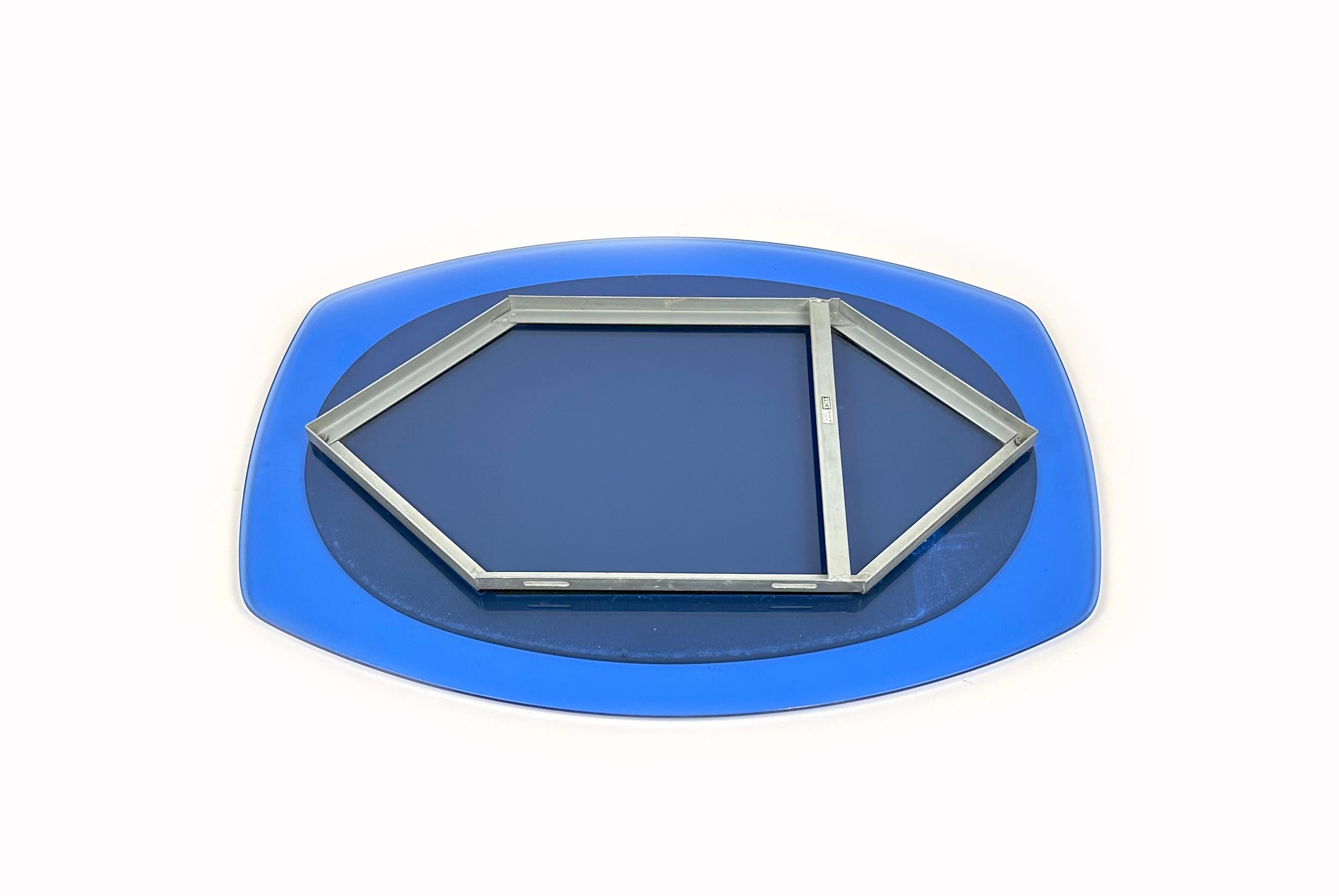 Midcentury Wall Mirror Blue Glass by Veca, Italy, 1970s For Sale 1