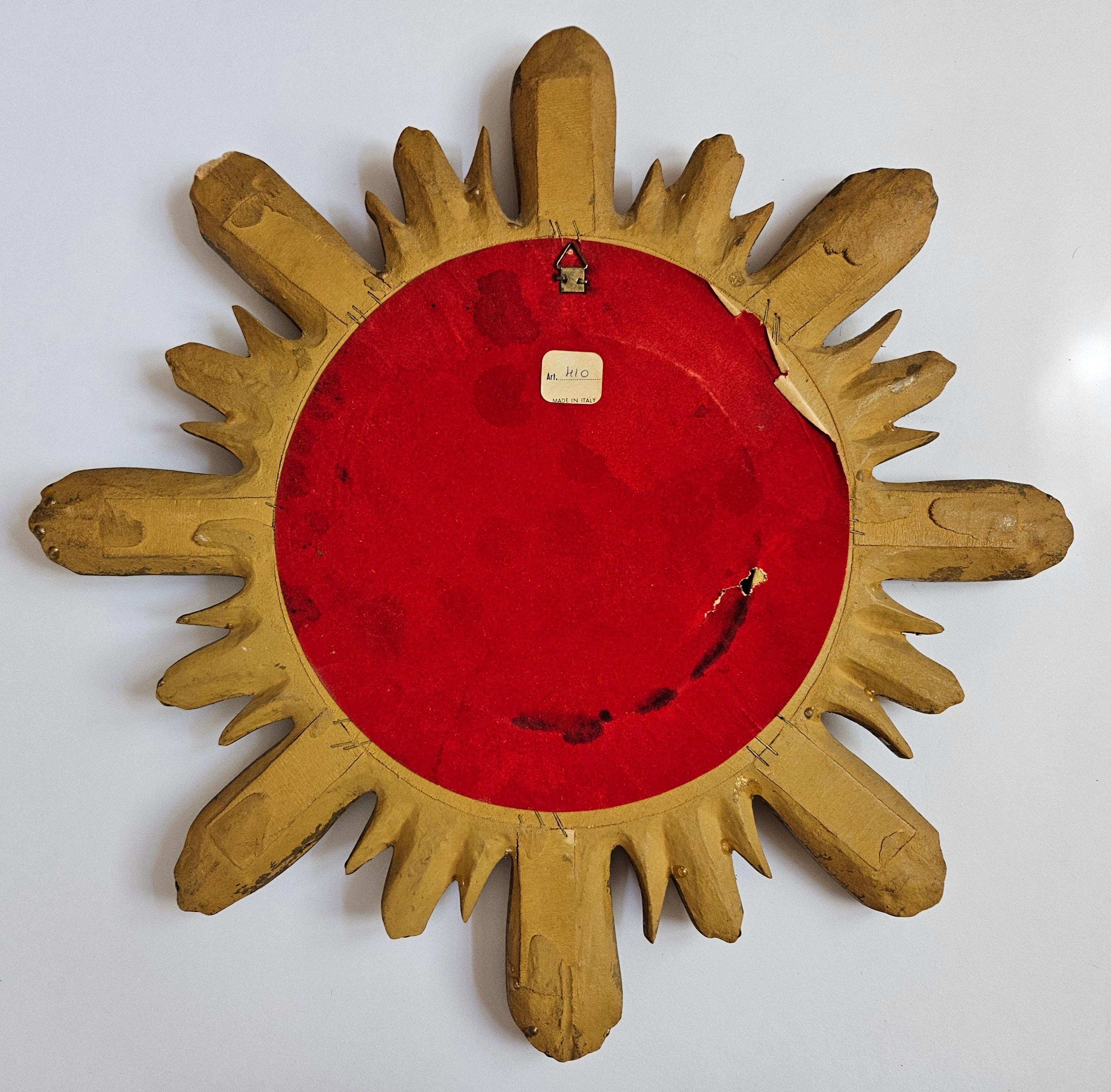 Midcentury Wall Mirror Gilted Wood Sunburst Starburst Stucco, Italy, 1950s 4