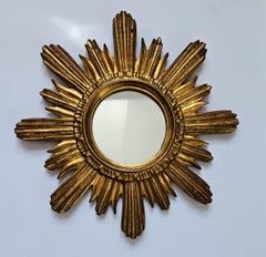 Miroir mural du milieu du siècle, Wood Wood Wood doré, Starburst Stucco, Italie, années 1950