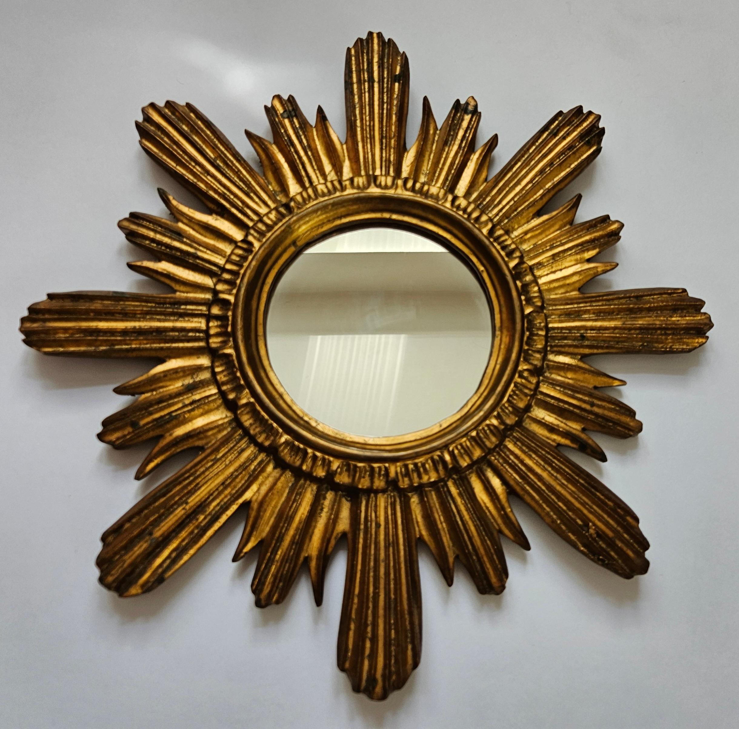 Mid-Century Modern Midcentury Wall Mirror Gilted Wood Sunburst Starburst Stucco, Italy, 1950s
