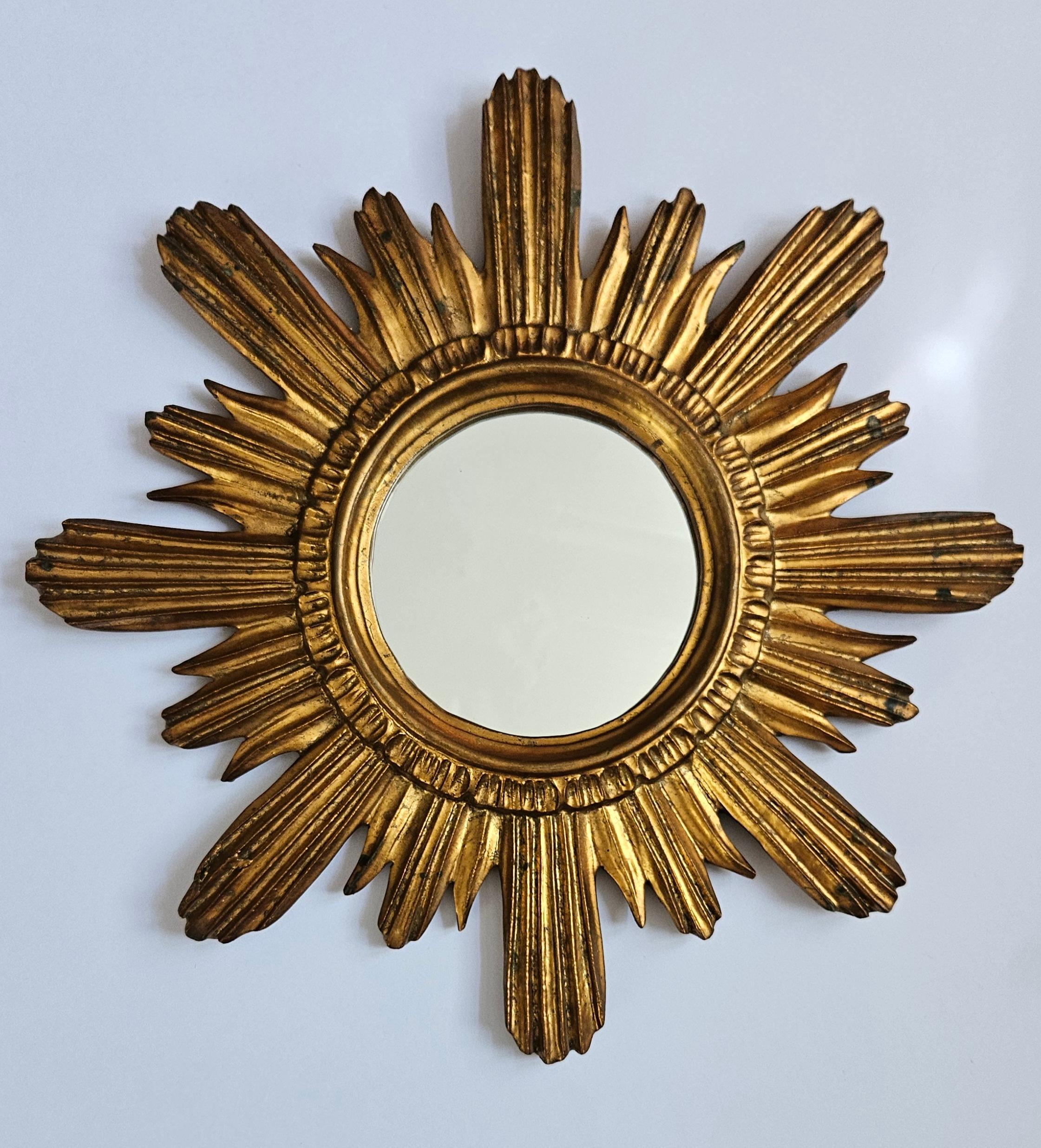 Midcentury Wall Mirror Gilted Wood Sunburst Starburst Stucco, Italy, 1950s 1