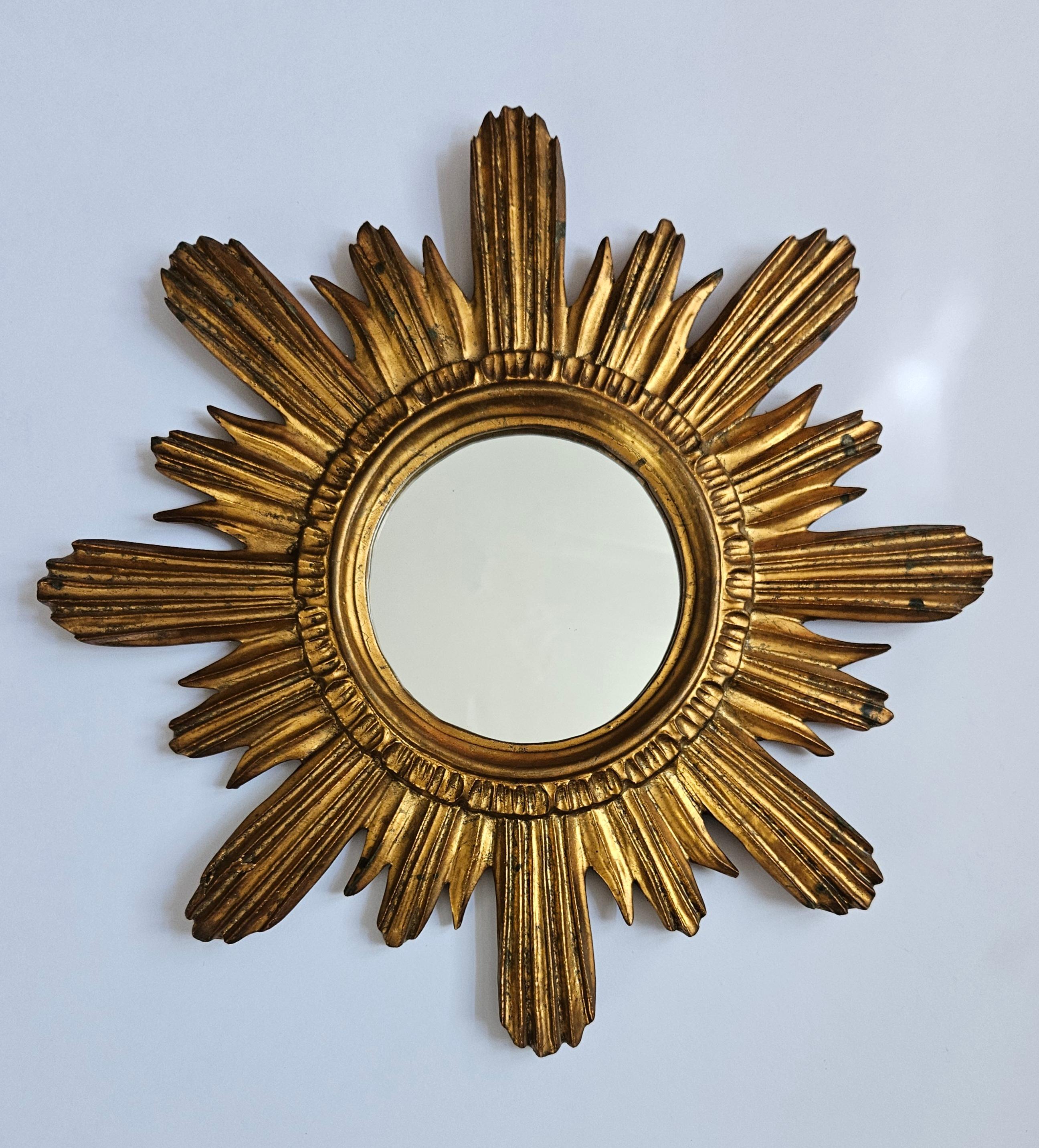 Midcentury Wall Mirror Gilted Wood Sunburst Starburst Stucco, Italy, 1950s 2