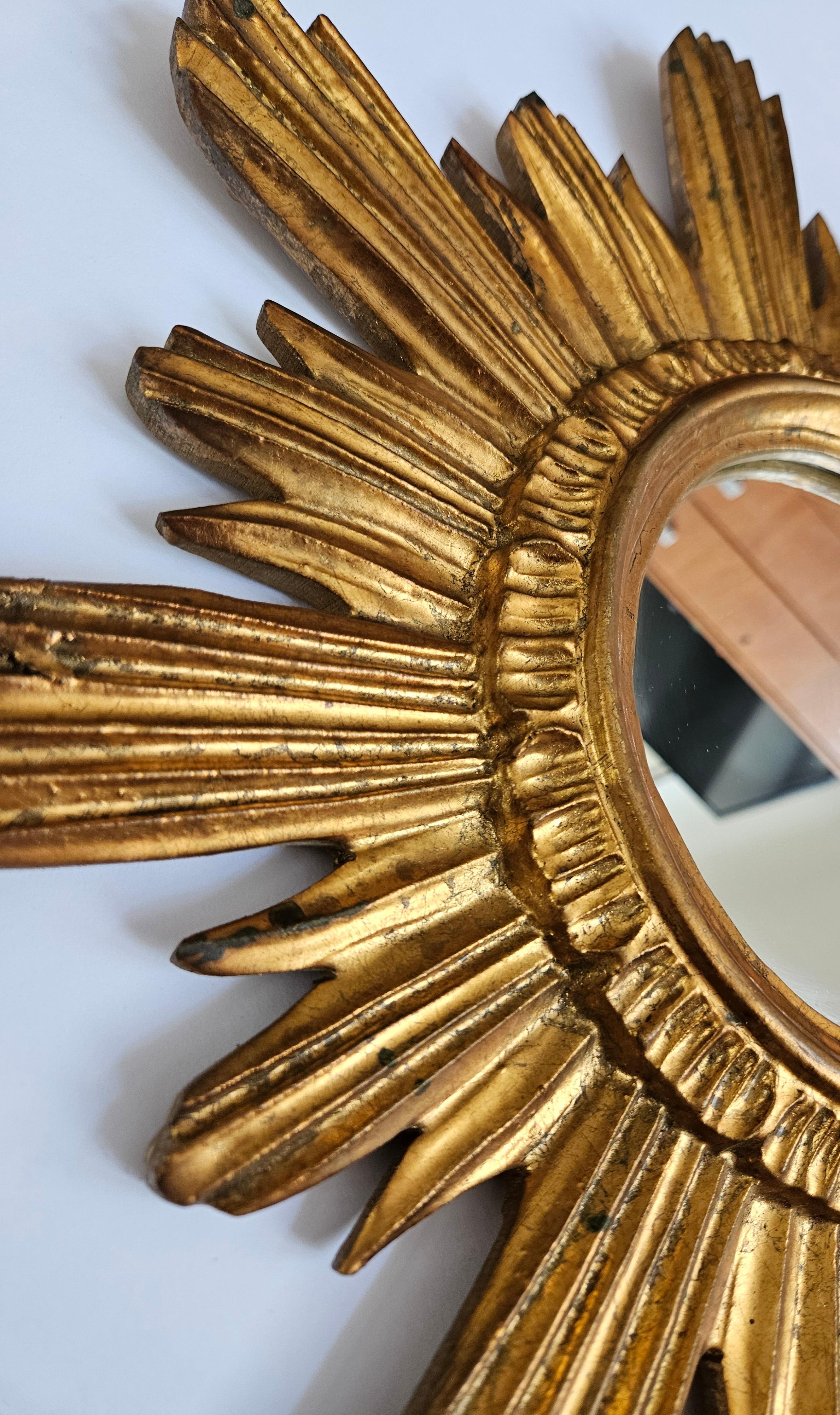 Midcentury Wall Mirror Gilted Wood Sunburst Starburst Stucco, Italy, 1950s 3