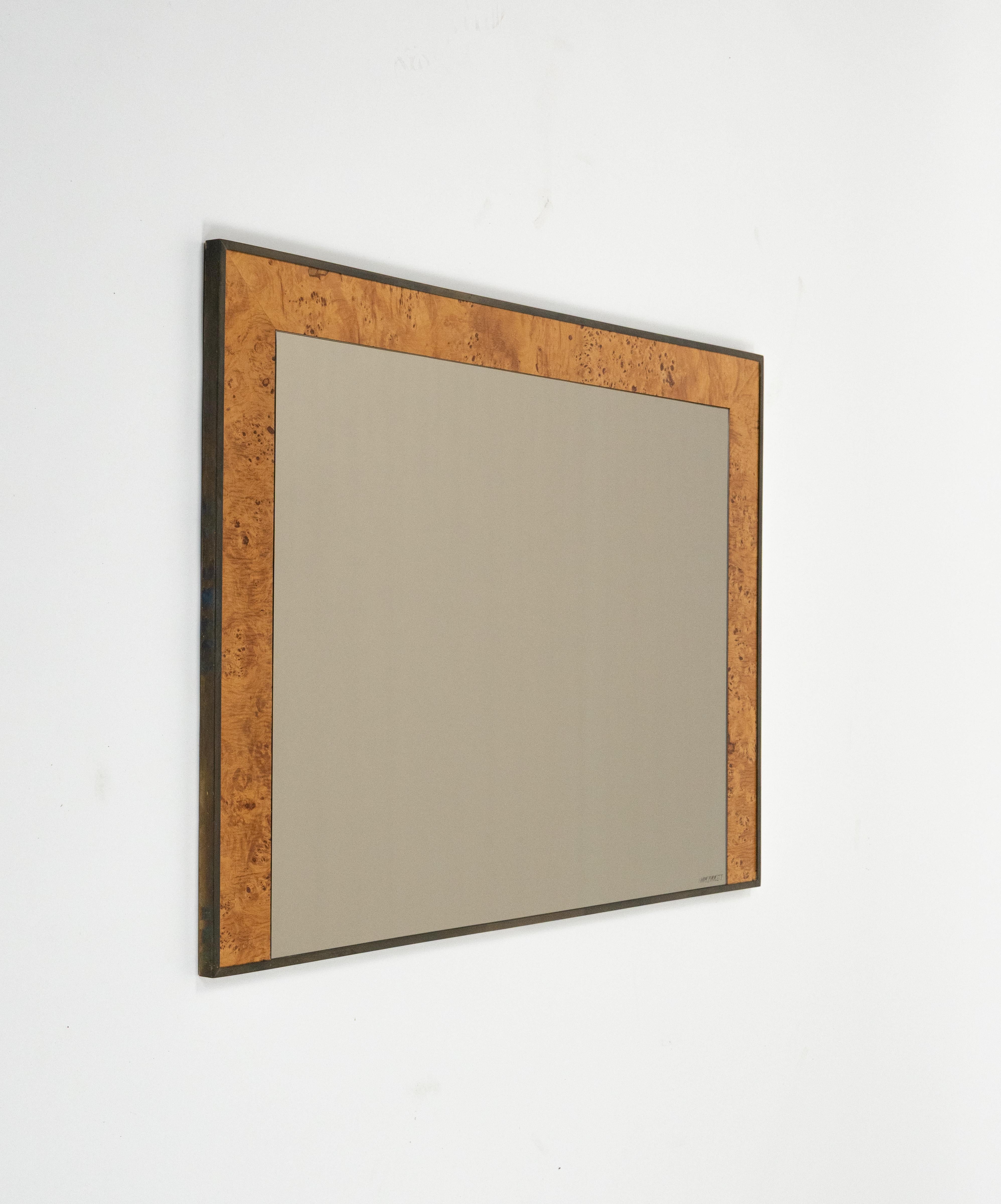 italien Miroir mural du milieu du siècle en laiton et Wood par Romeo Rega pour Nazaret, Italie, années 1970 en vente