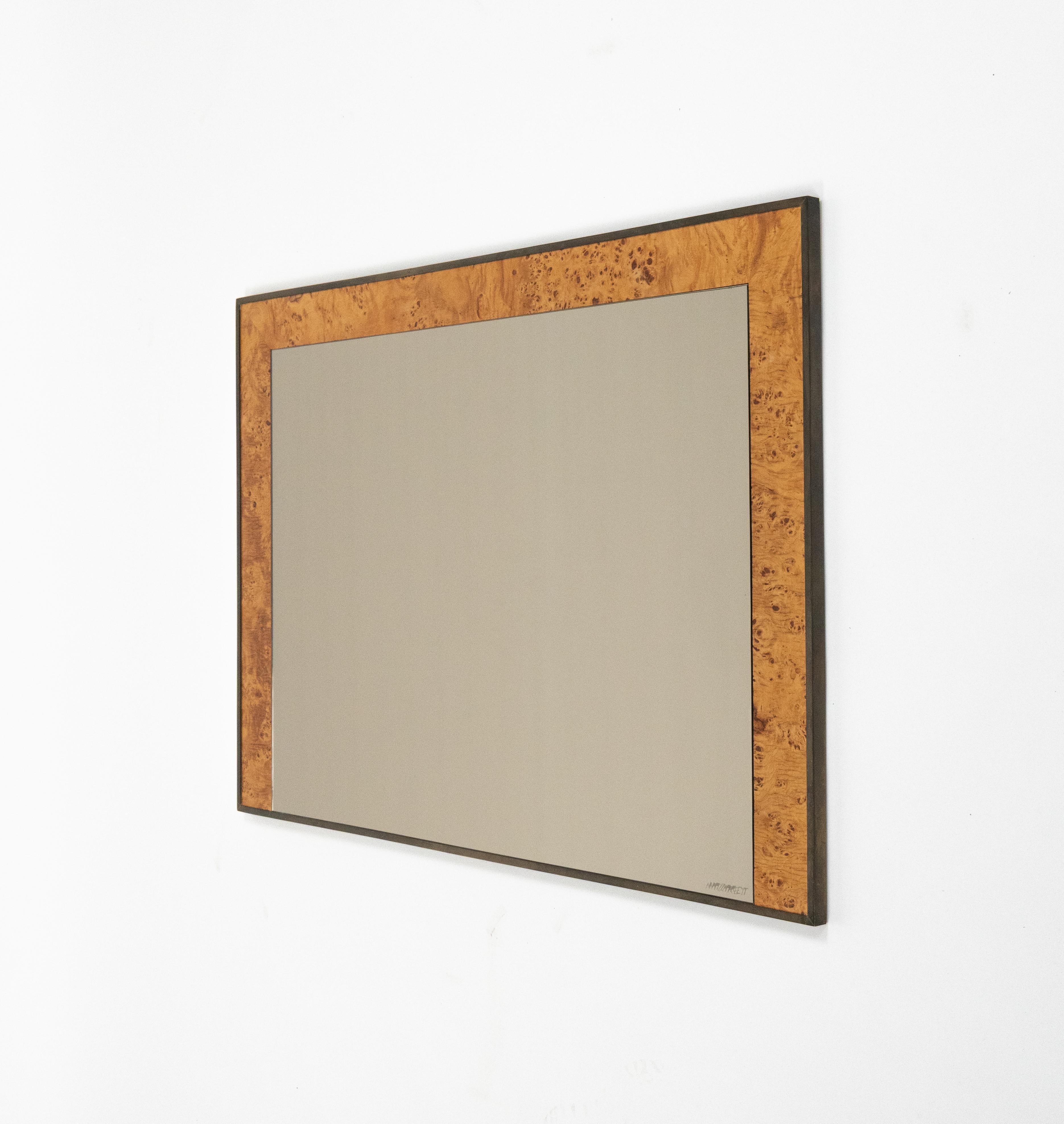 Miroir mural du milieu du siècle en laiton et Wood par Romeo Rega pour Nazaret, Italie, années 1970 en vente 2