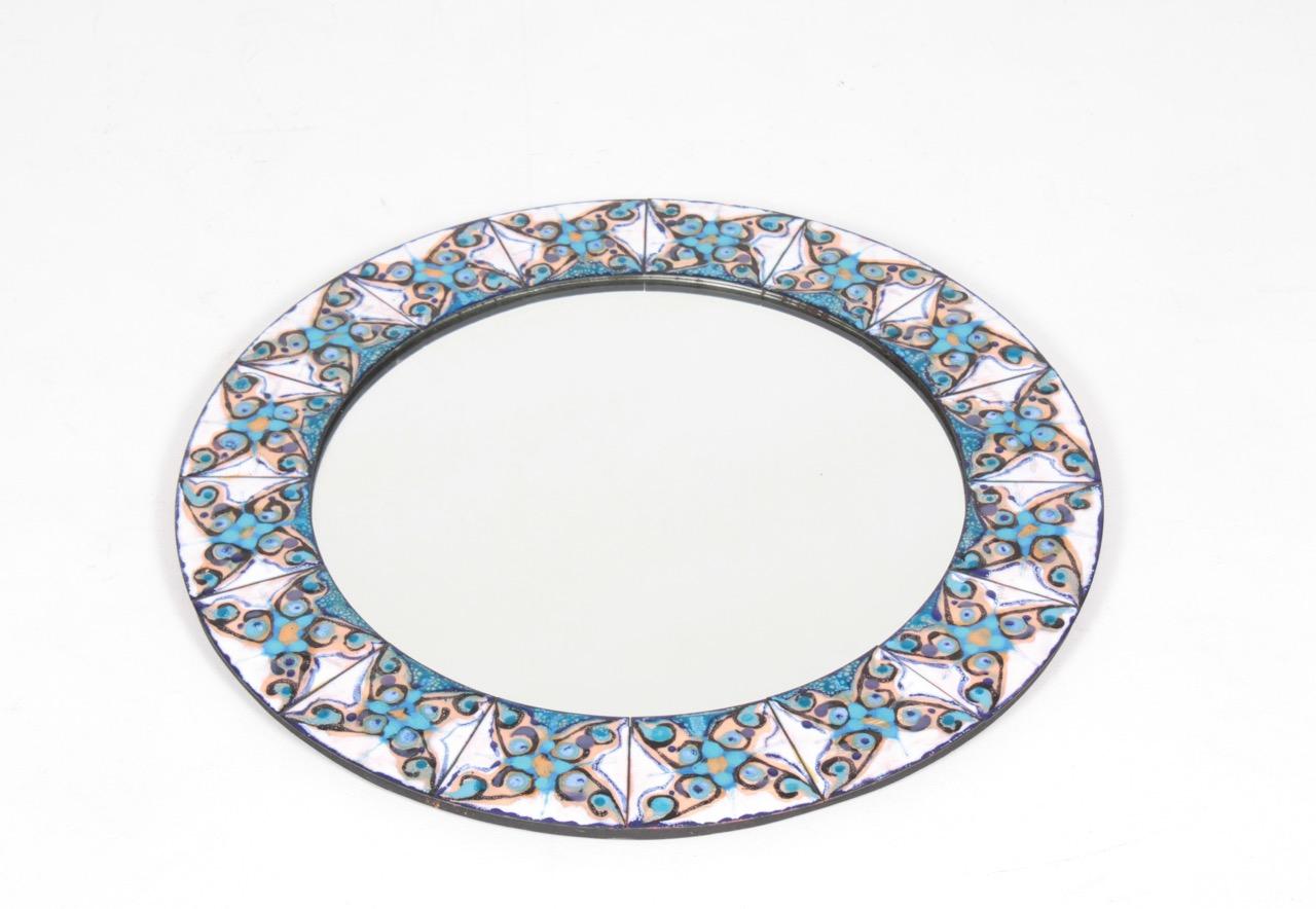 Art enamel framed mirror by Danish artist Bodil Eje, made in the 1960s. Great original condition.