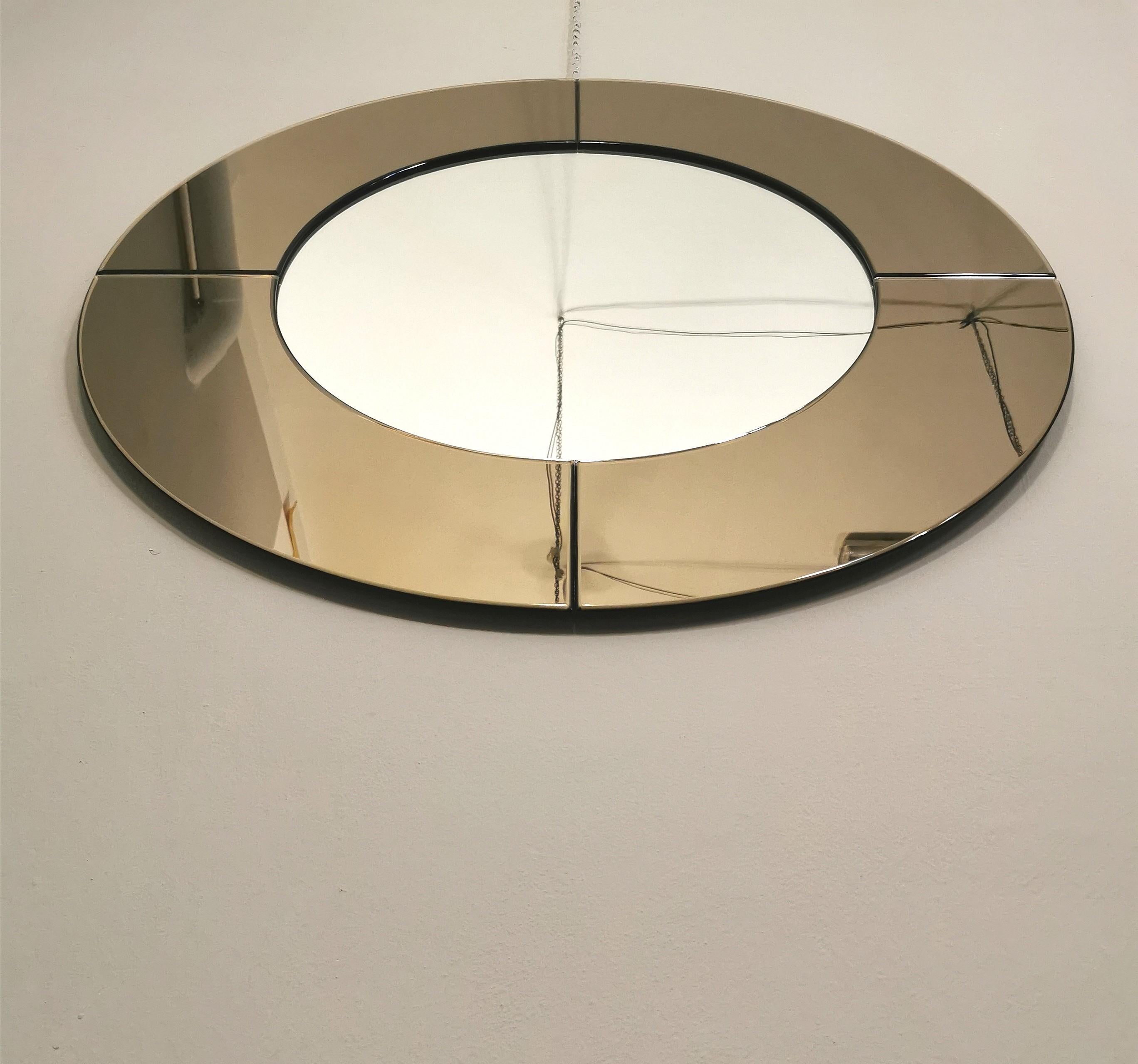 20th Century Midcentury Wall Mirror Mirrored Glass Smoked Round Large Italian Design 1970s For Sale