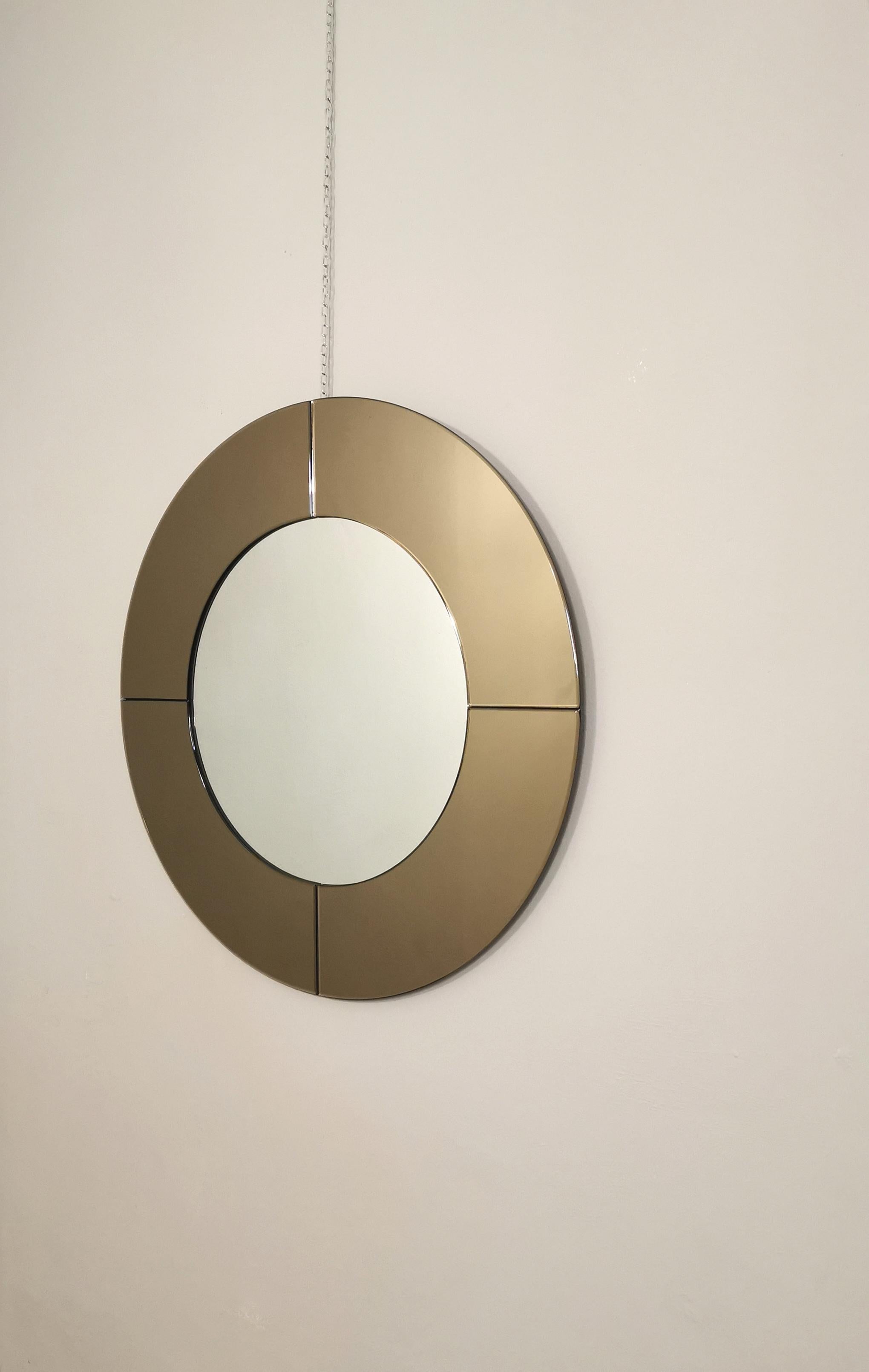 Midcentury Wall Mirror Mirrored Glass Smoked Round Large Italian Design 1970s For Sale 1