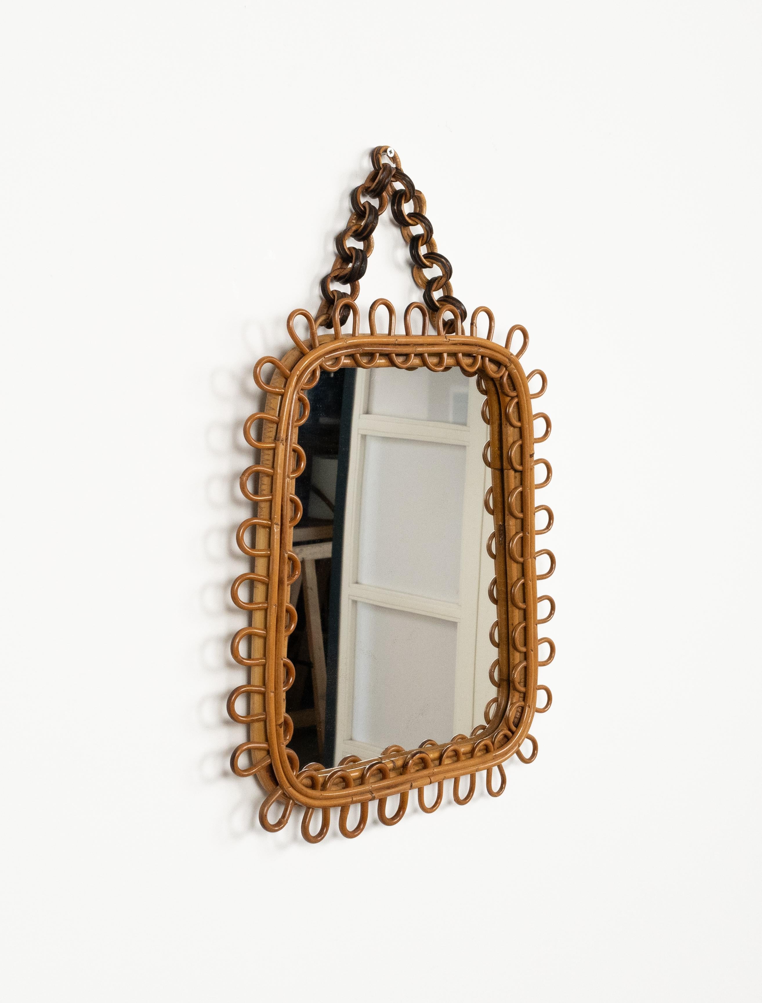 Mid-Century moderno Midcentury Wall Mirror Rattan and Bamboo Franco Albini Style, Italy 1960s in vendita