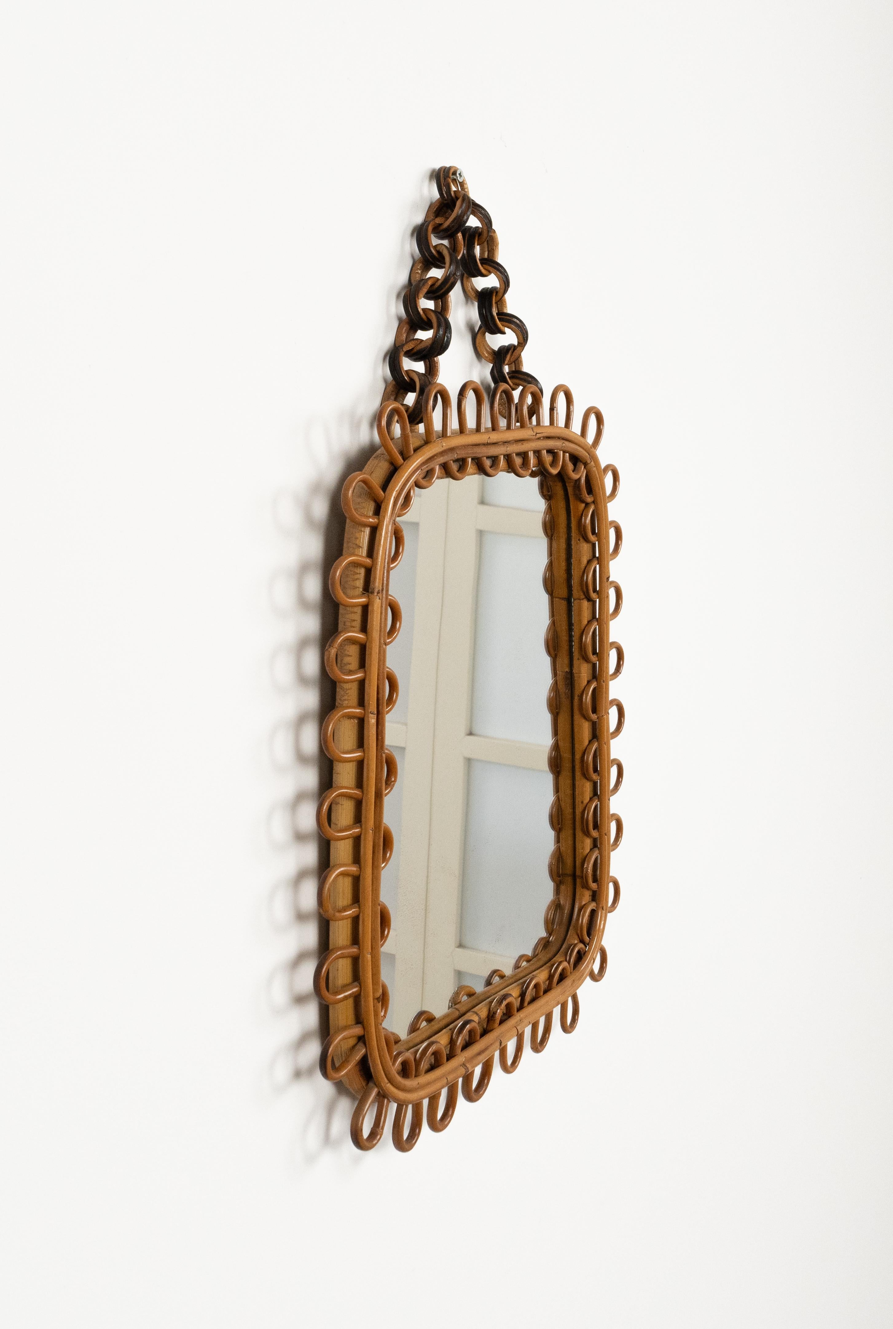 Italiano Midcentury Wall Mirror Rattan and Bamboo Franco Albini Style, Italy 1960s in vendita
