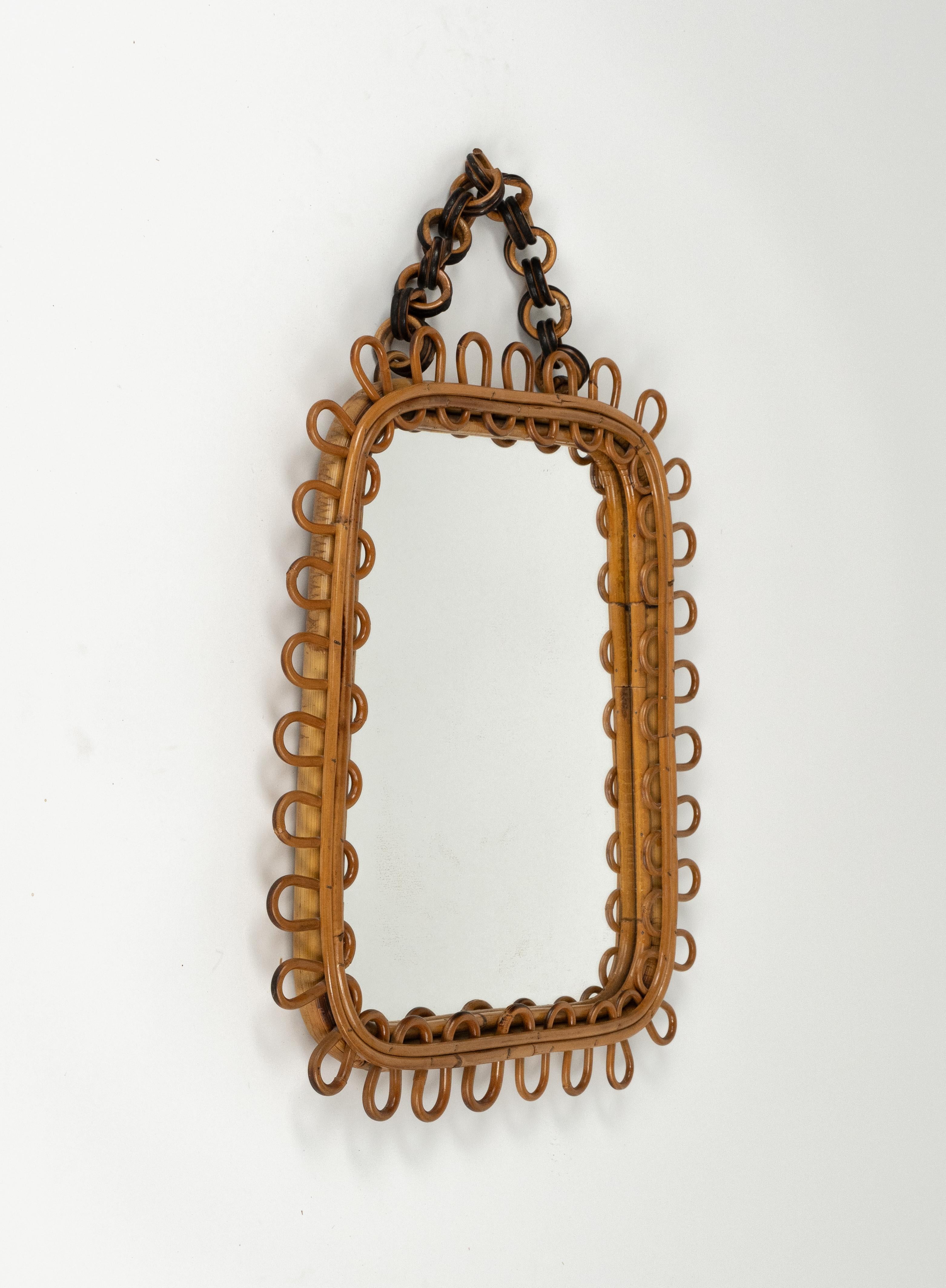 Fatto a mano Midcentury Wall Mirror Rattan and Bamboo Franco Albini Style, Italy 1960s in vendita