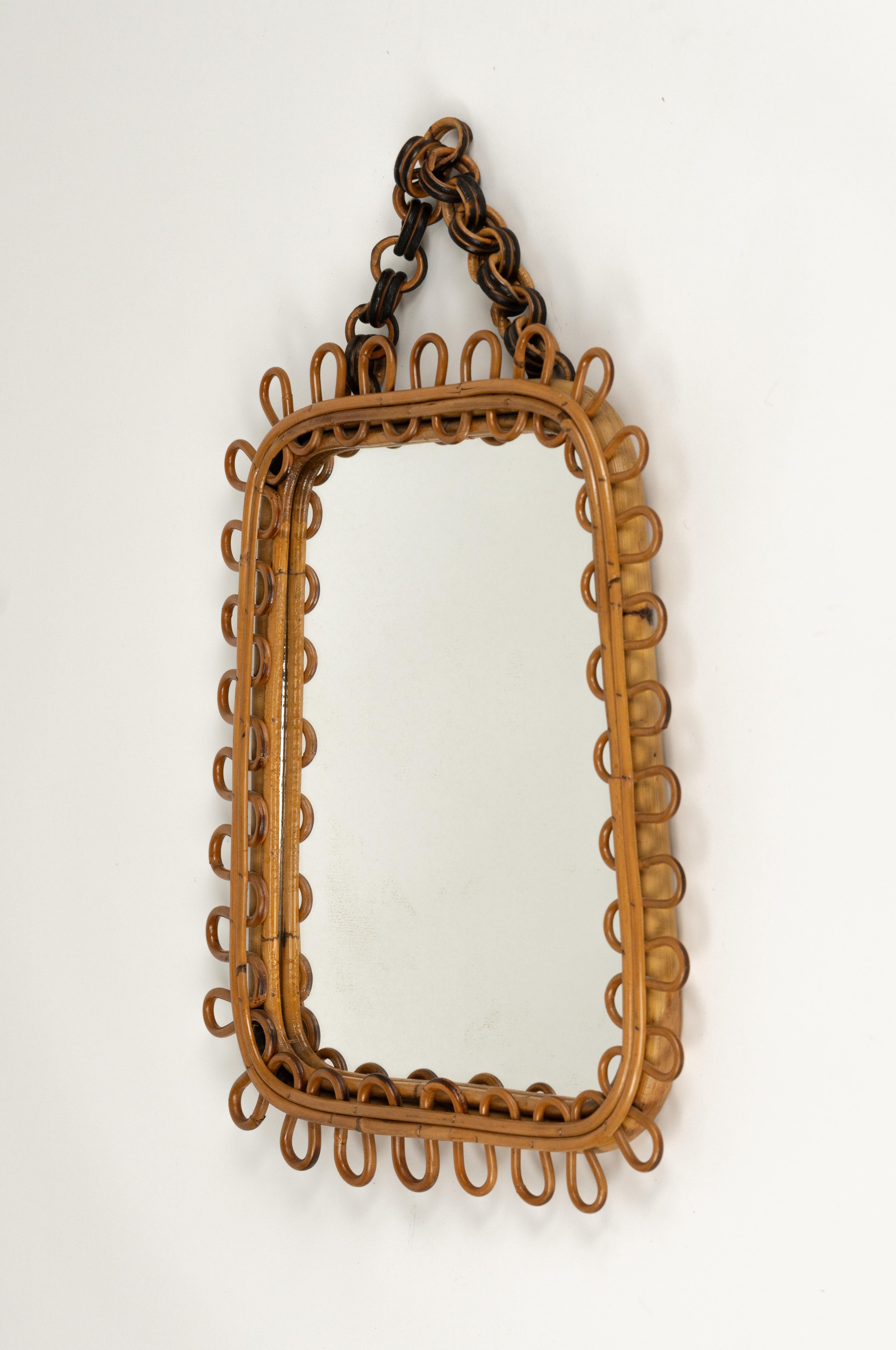 Metà XX secolo Midcentury Wall Mirror Rattan and Bamboo Franco Albini Style, Italy 1960s in vendita