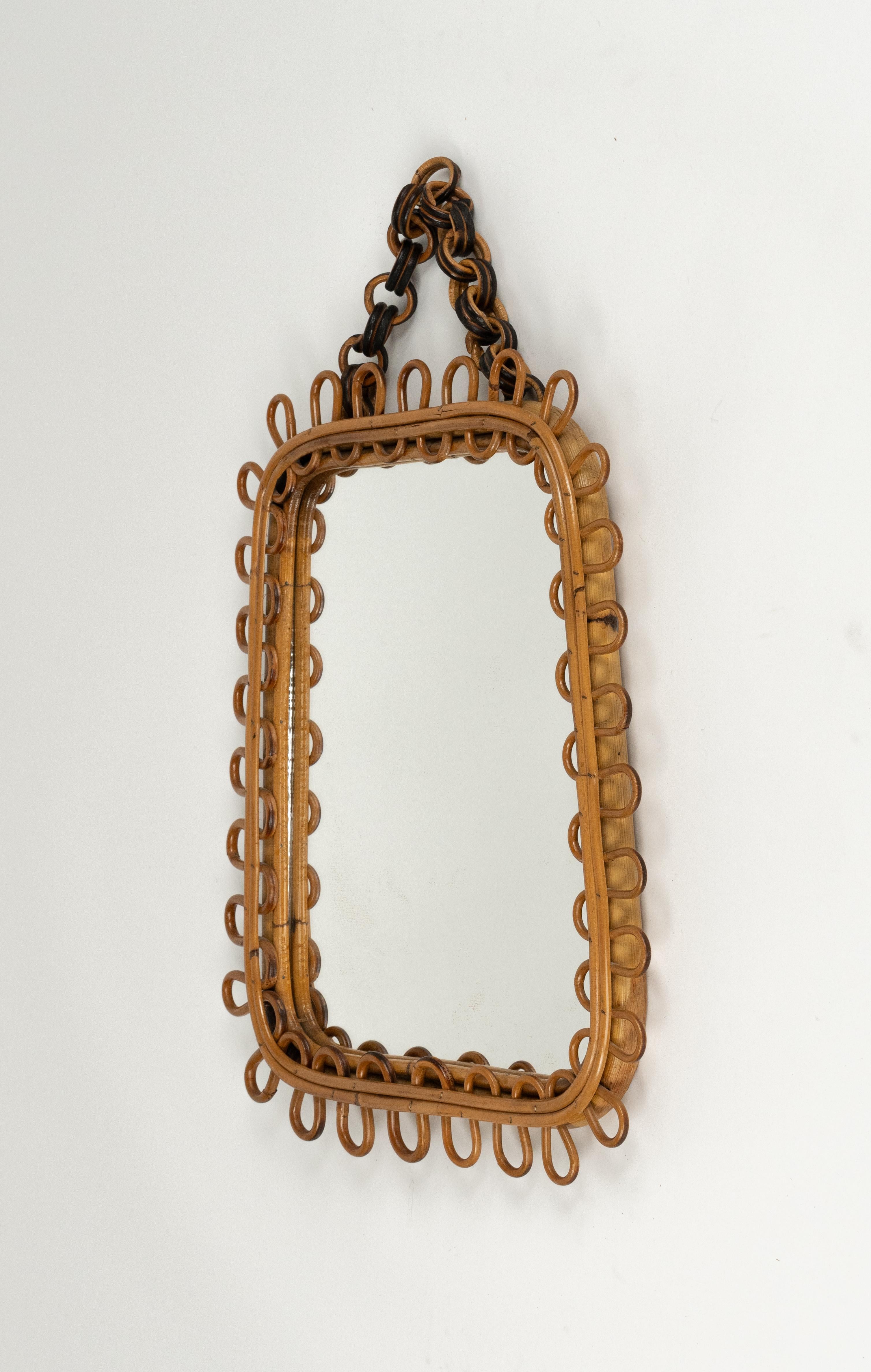 Bambù Midcentury Wall Mirror Rattan and Bamboo Franco Albini Style, Italy 1960s in vendita