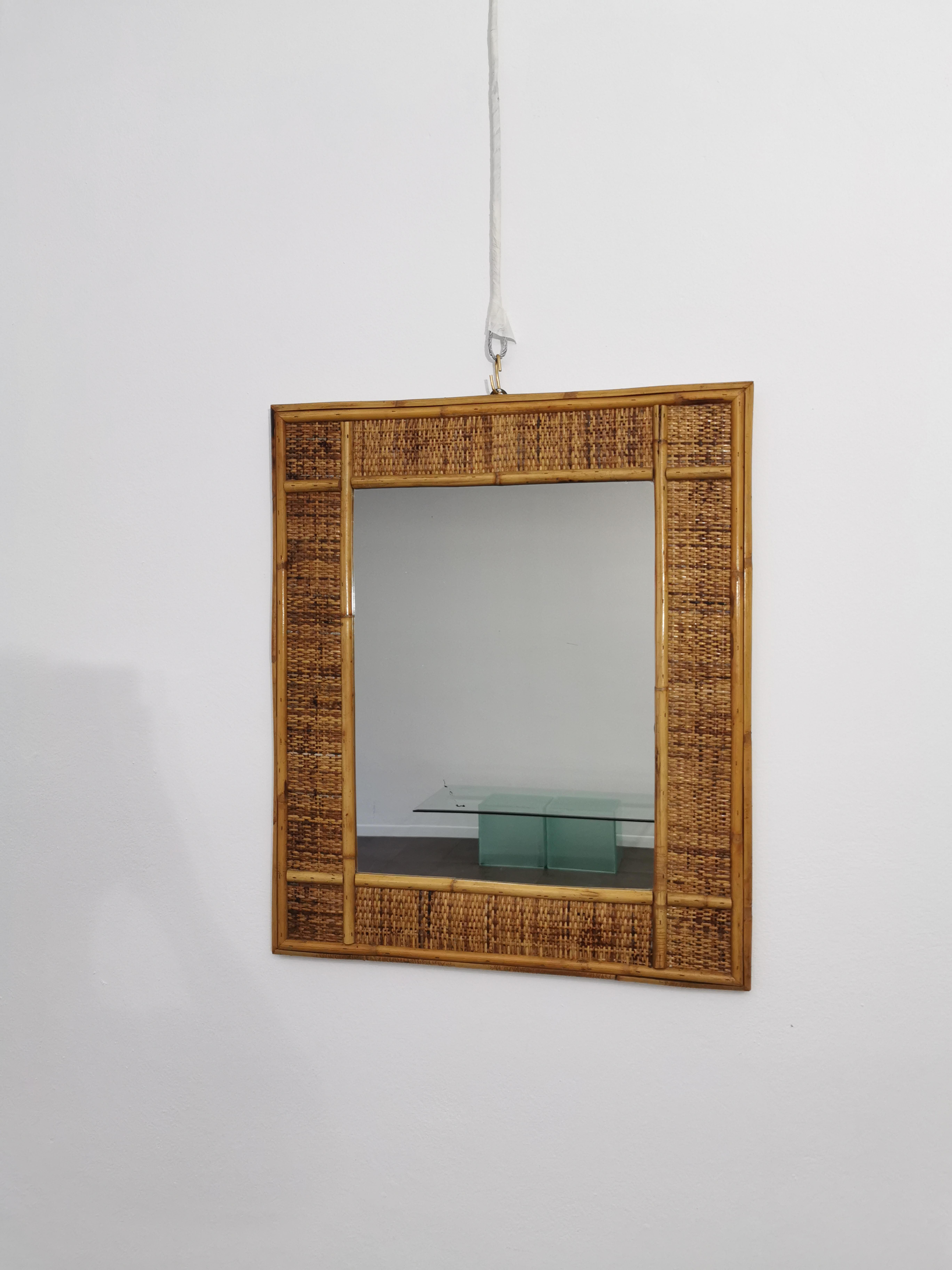 Mid-Century Modern  Wall Mirror Wicker Bamboo Rectangular Midcentury Modern Italy 1960s