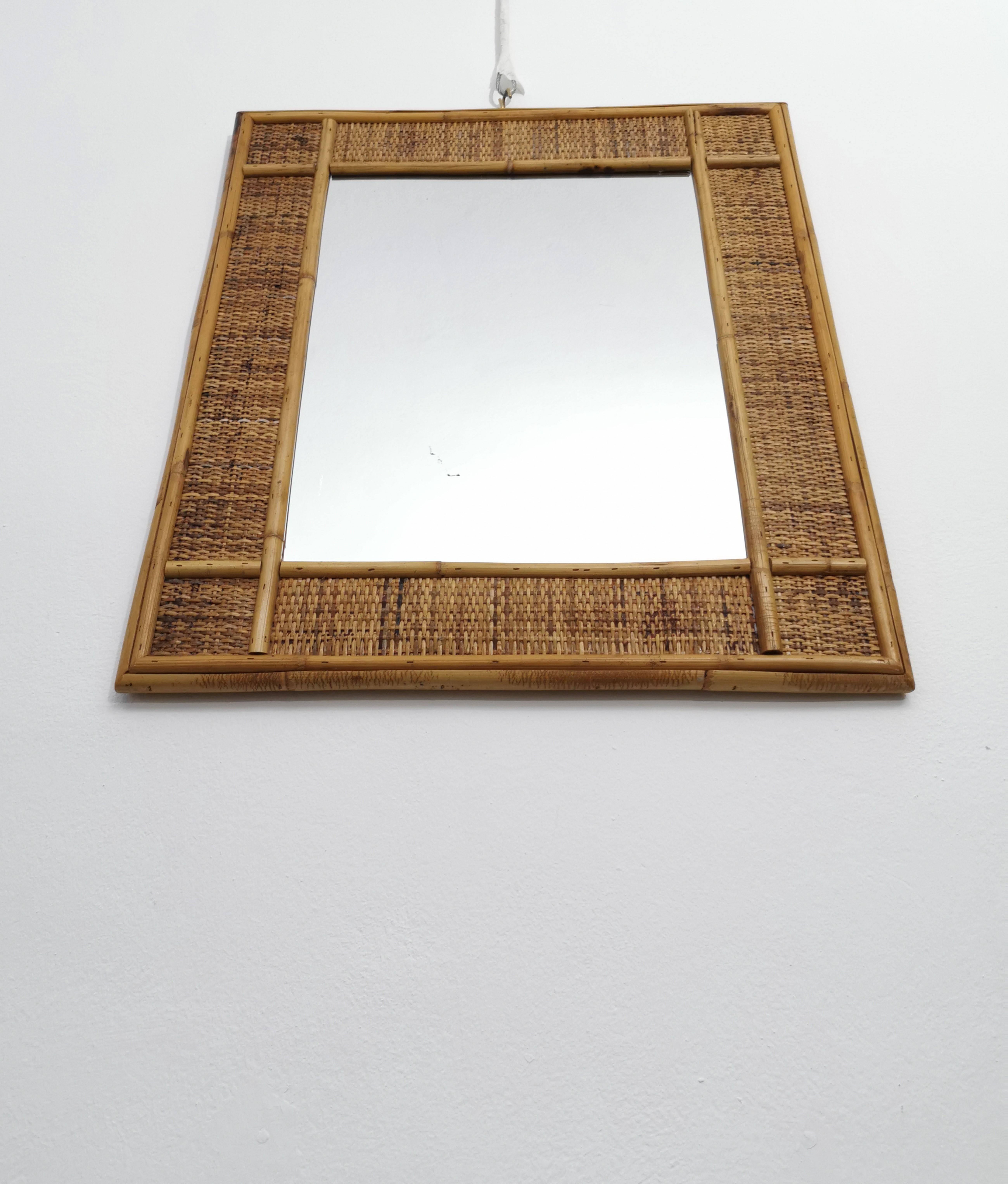Italian  Wall Mirror Wicker Bamboo Rectangular Midcentury Modern Italy 1960s