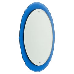Midcentury Wall Mirror with Blue Glass Frame Cristal Arte Style, Italy 1960s