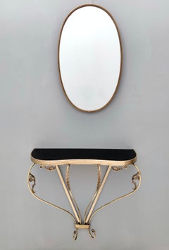 Vintage Wall Mounted Brass Console Table with Demilune Black Glass Top, Italy
