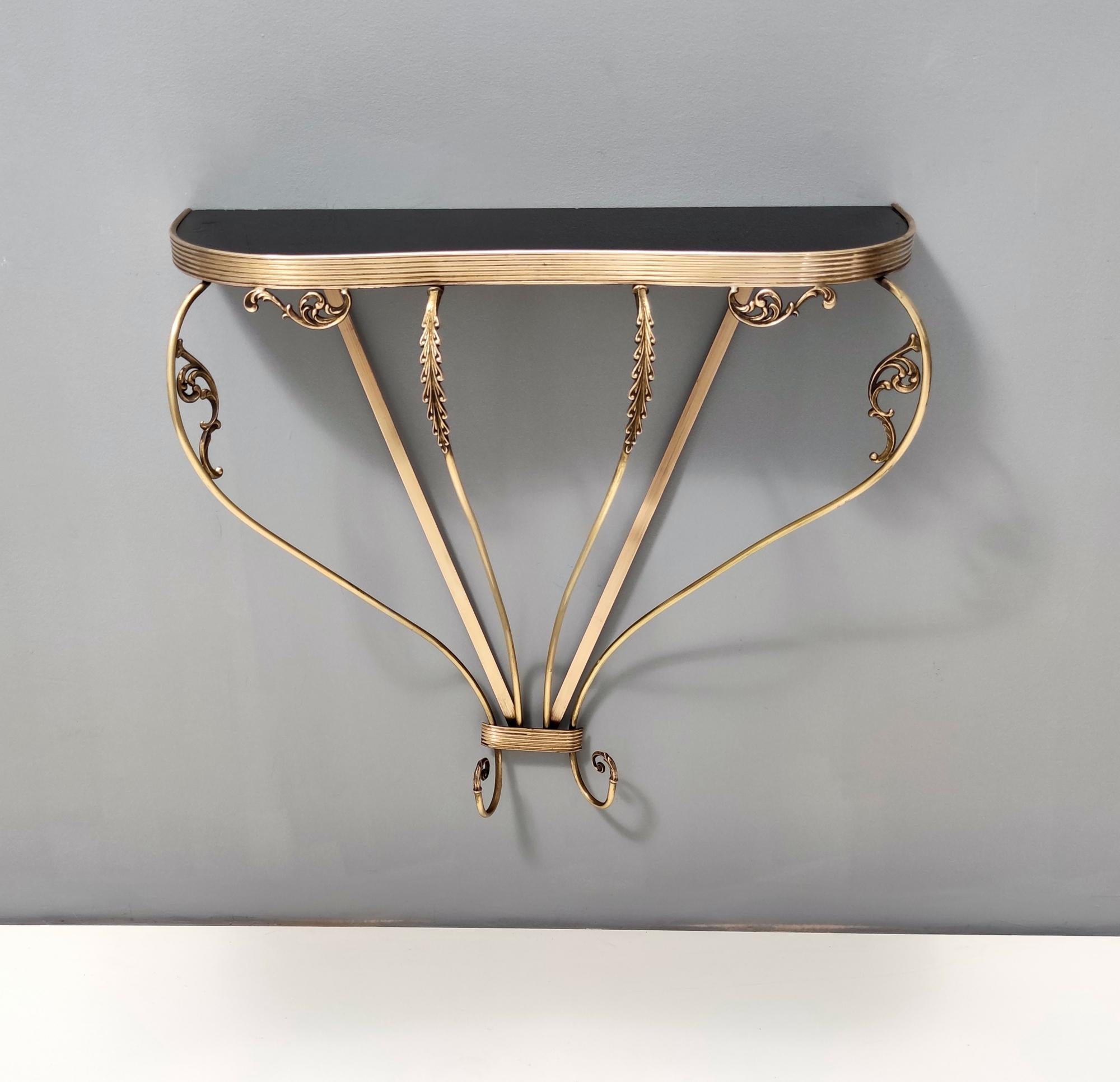 Mid-20th Century Vintage Wall Mounted Brass Console Table with Demilune Black Glass Top, Italy