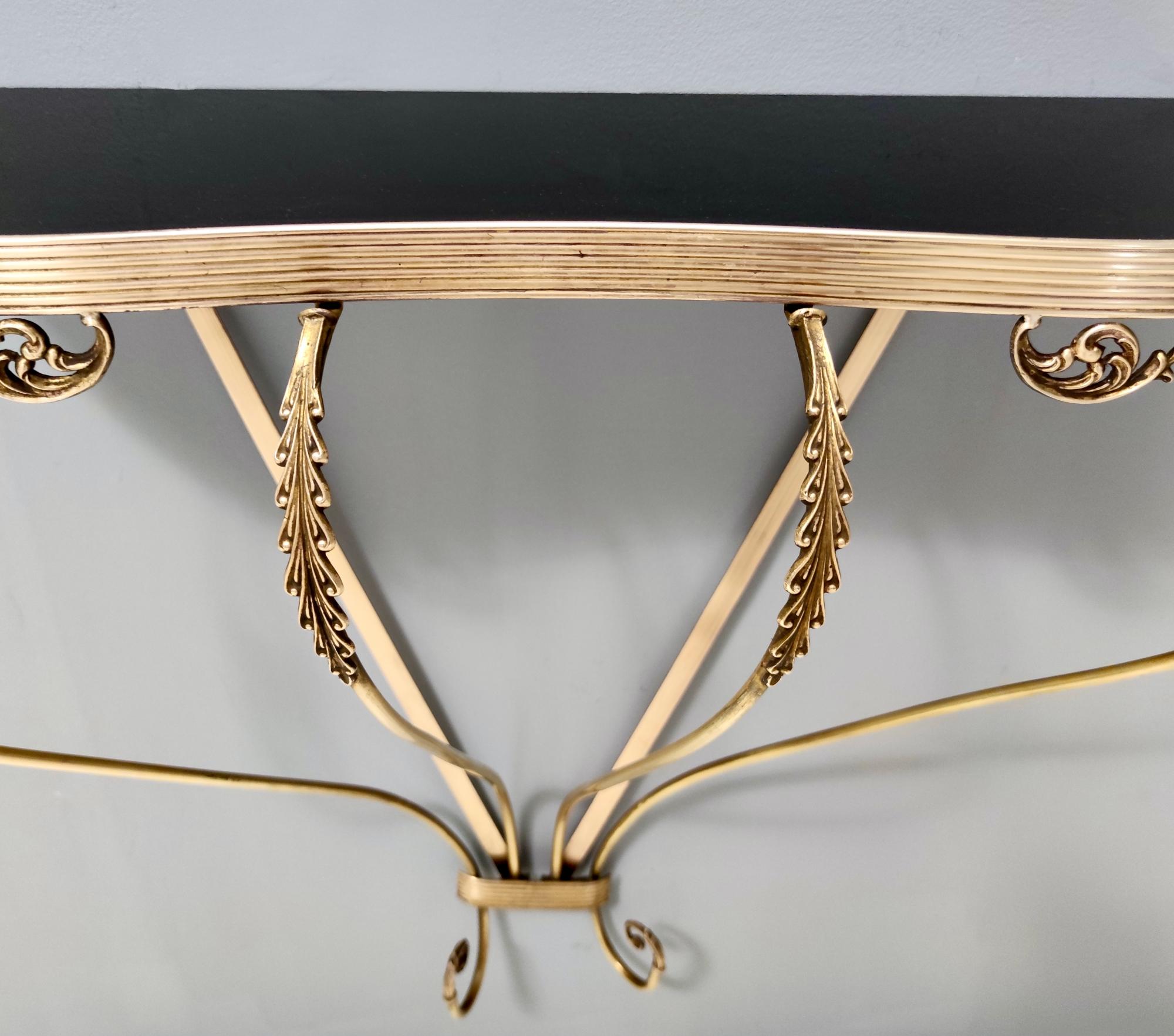Vintage Wall Mounted Brass Console Table with Demilune Black Glass Top, Italy 2