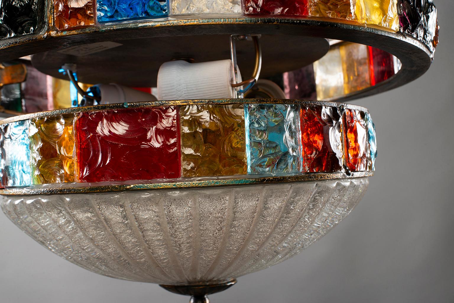 Italian Midcentury Wall or Ceiling Fixture with Bands of Multicolored Glass