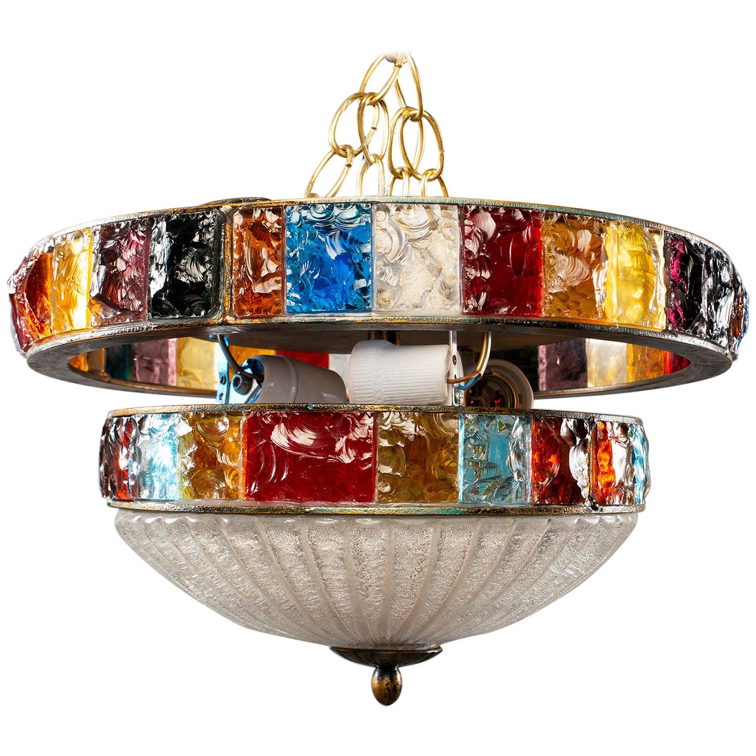 Midcentury Wall or Ceiling Fixture with Bands of Multicolored Glass