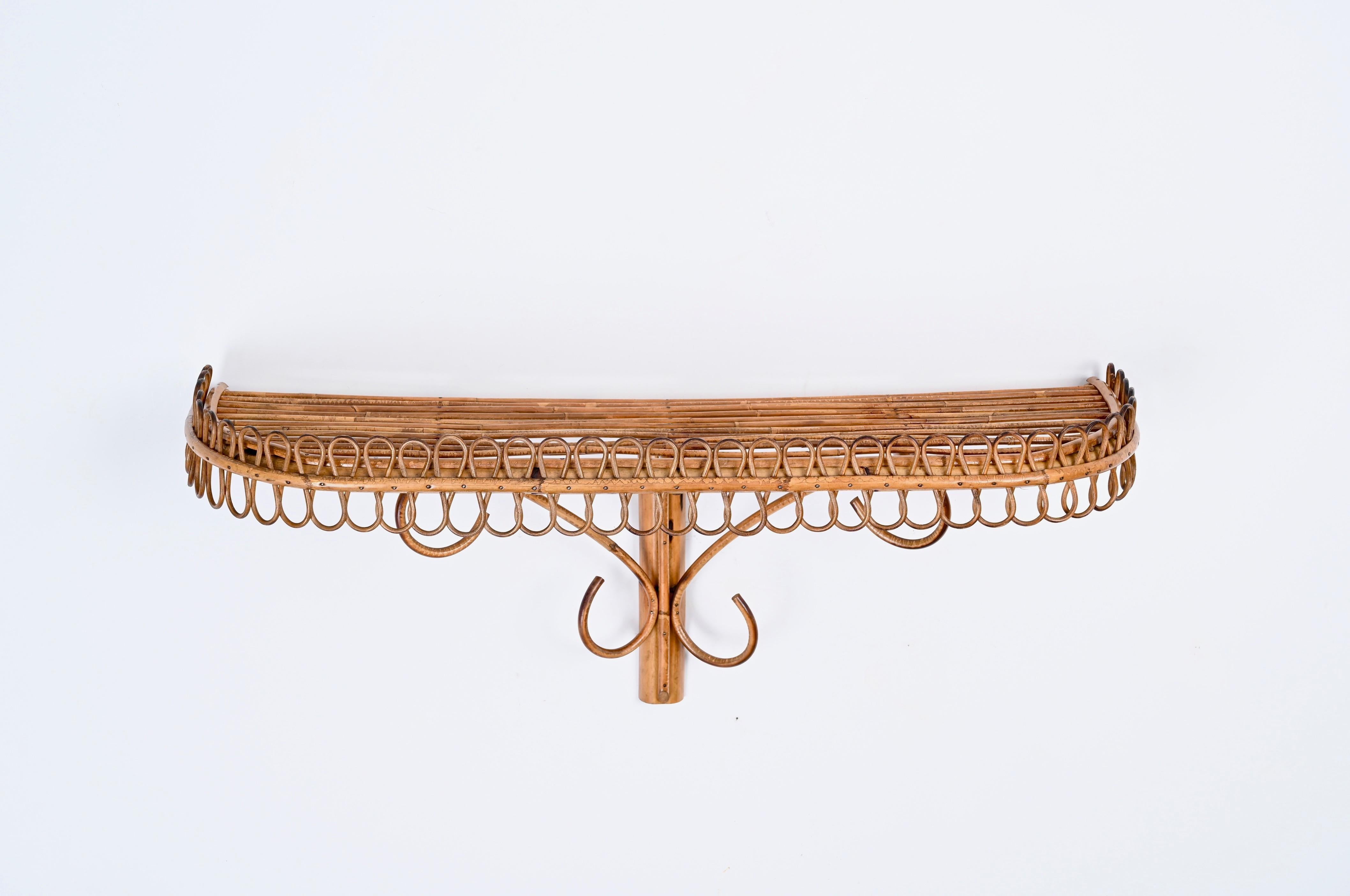 Italian Midcentury Wall Shelf or Console, Rattan and Bamboo, Franco Albini, Italy, 1960s For Sale