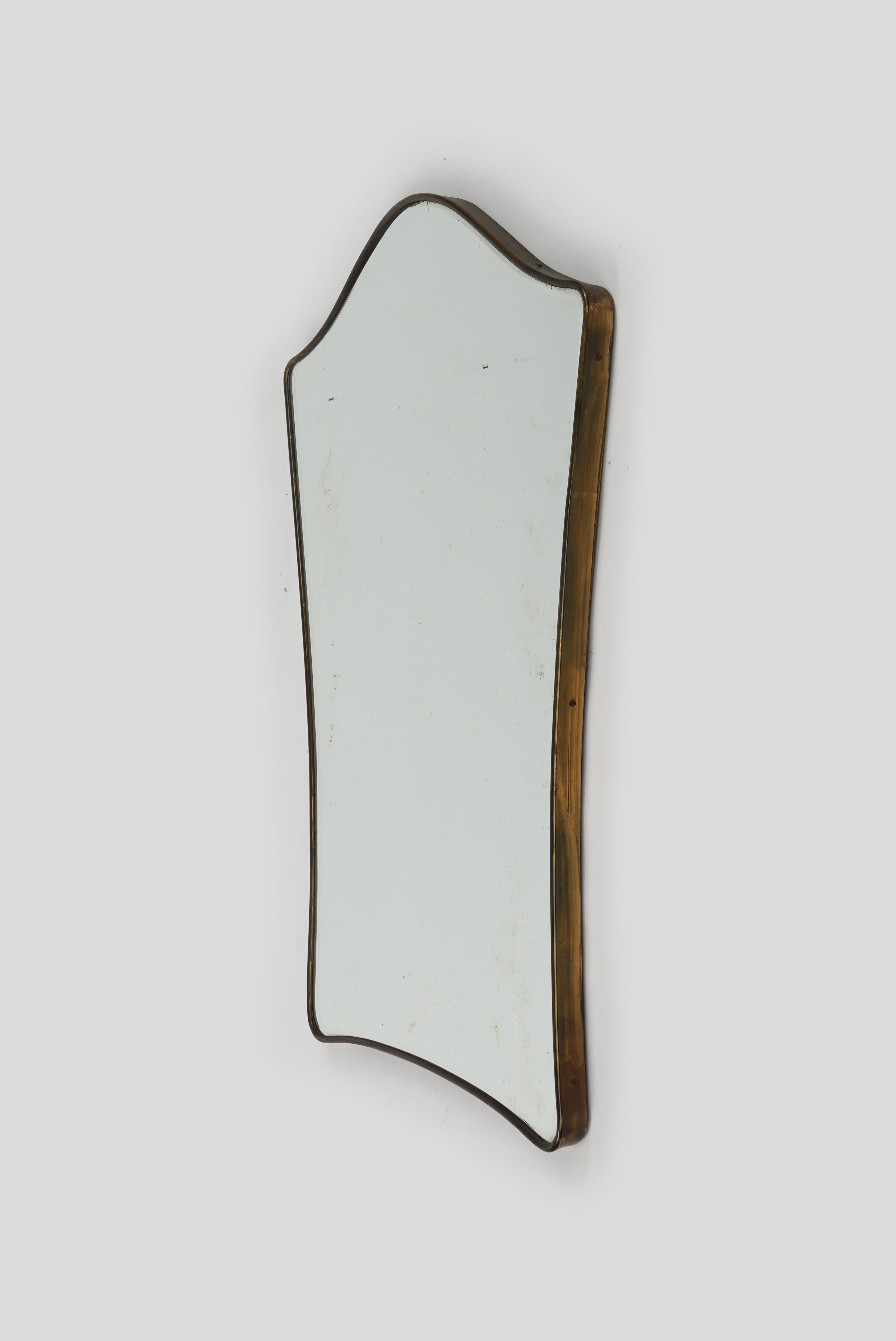 Italian Midcentury Wall Shield Mirror with Brass Gio Ponti Style, Italy 1950s