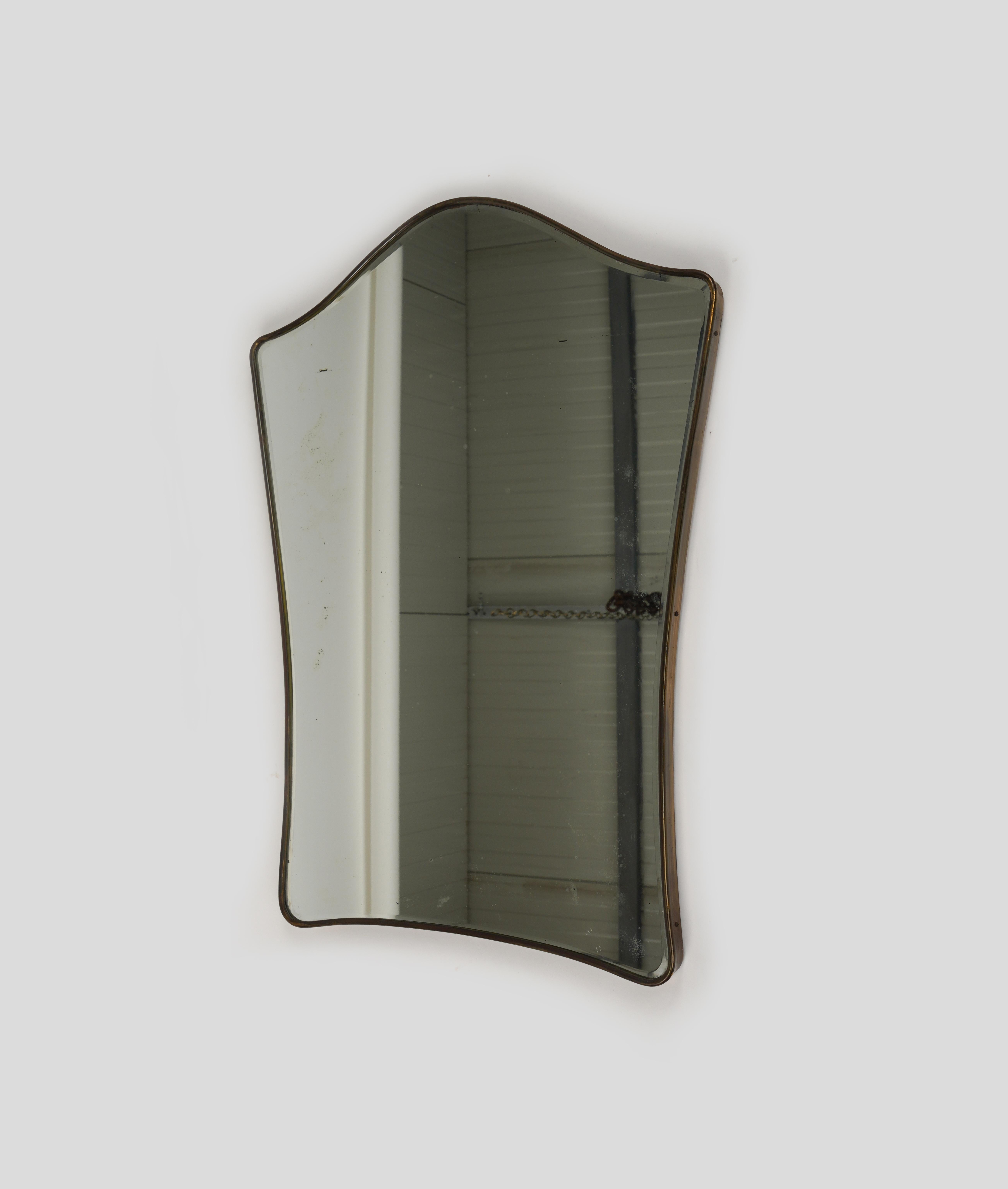 Mid-20th Century Midcentury Wall Shield Mirror with Brass Gio Ponti Style, Italy 1950s